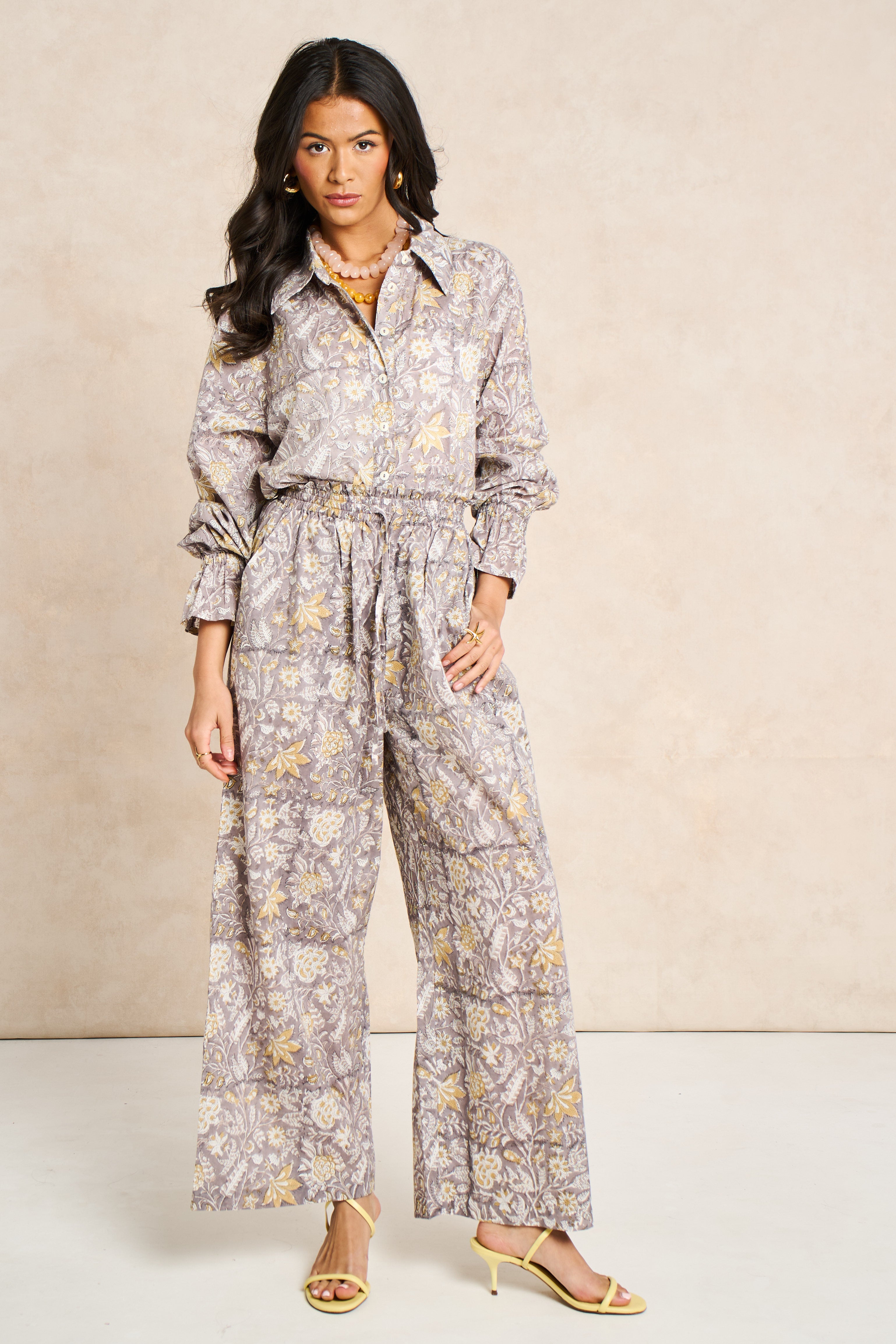 Pearl Taupe & White Block Print Matching Set