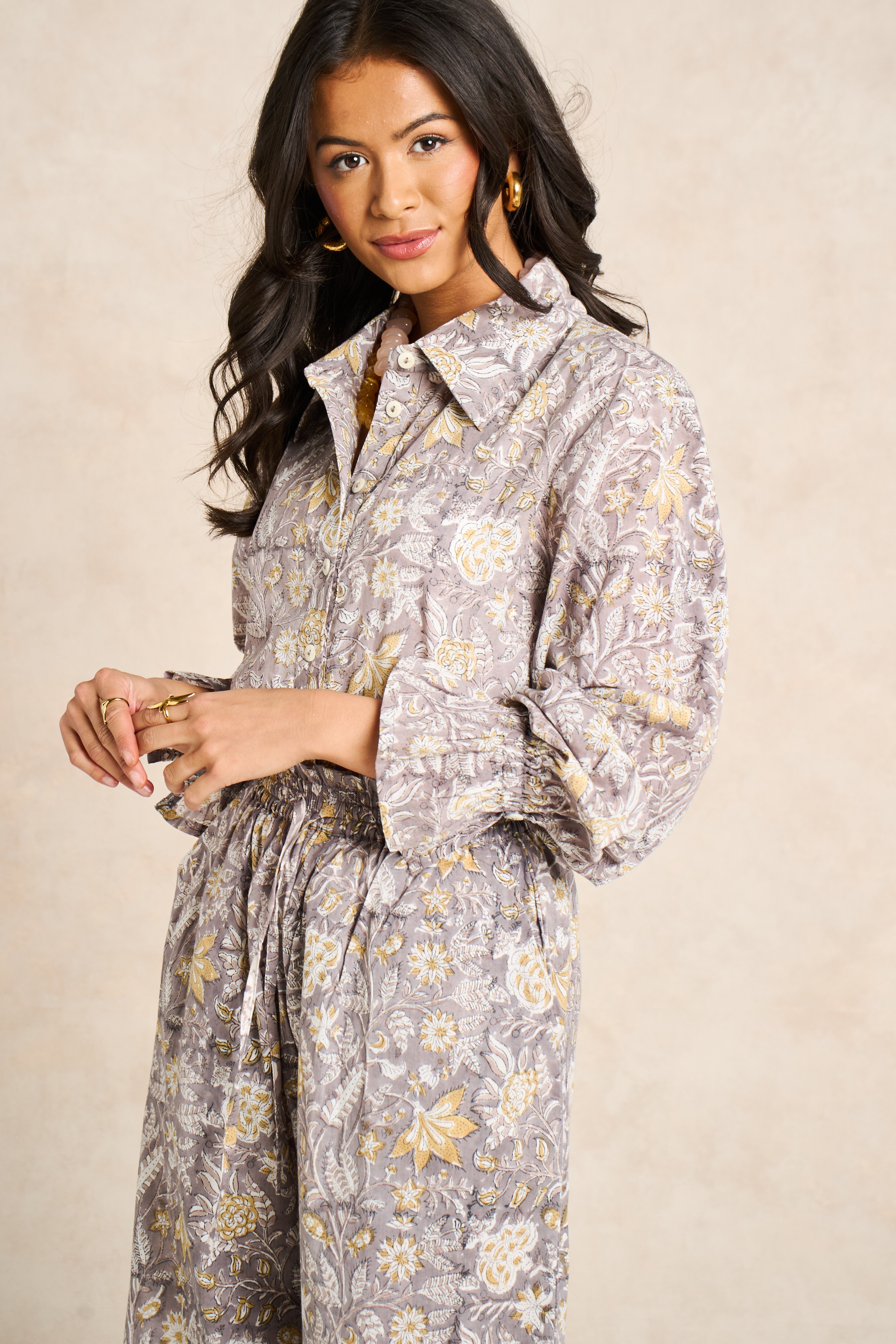 Pearl Taupe & White Block Print Matching Set