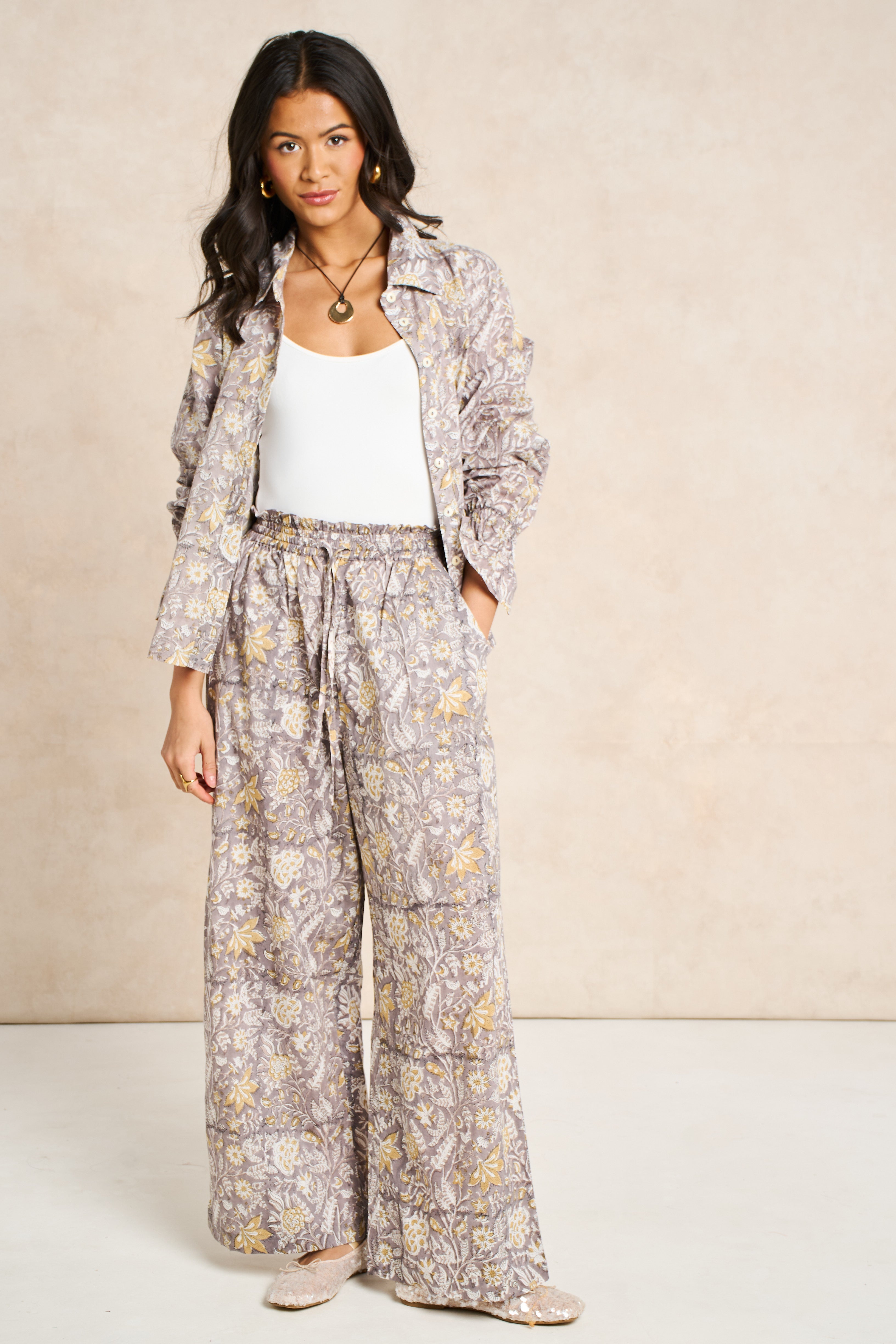 Pearl Taupe & White Block Print Matching Set