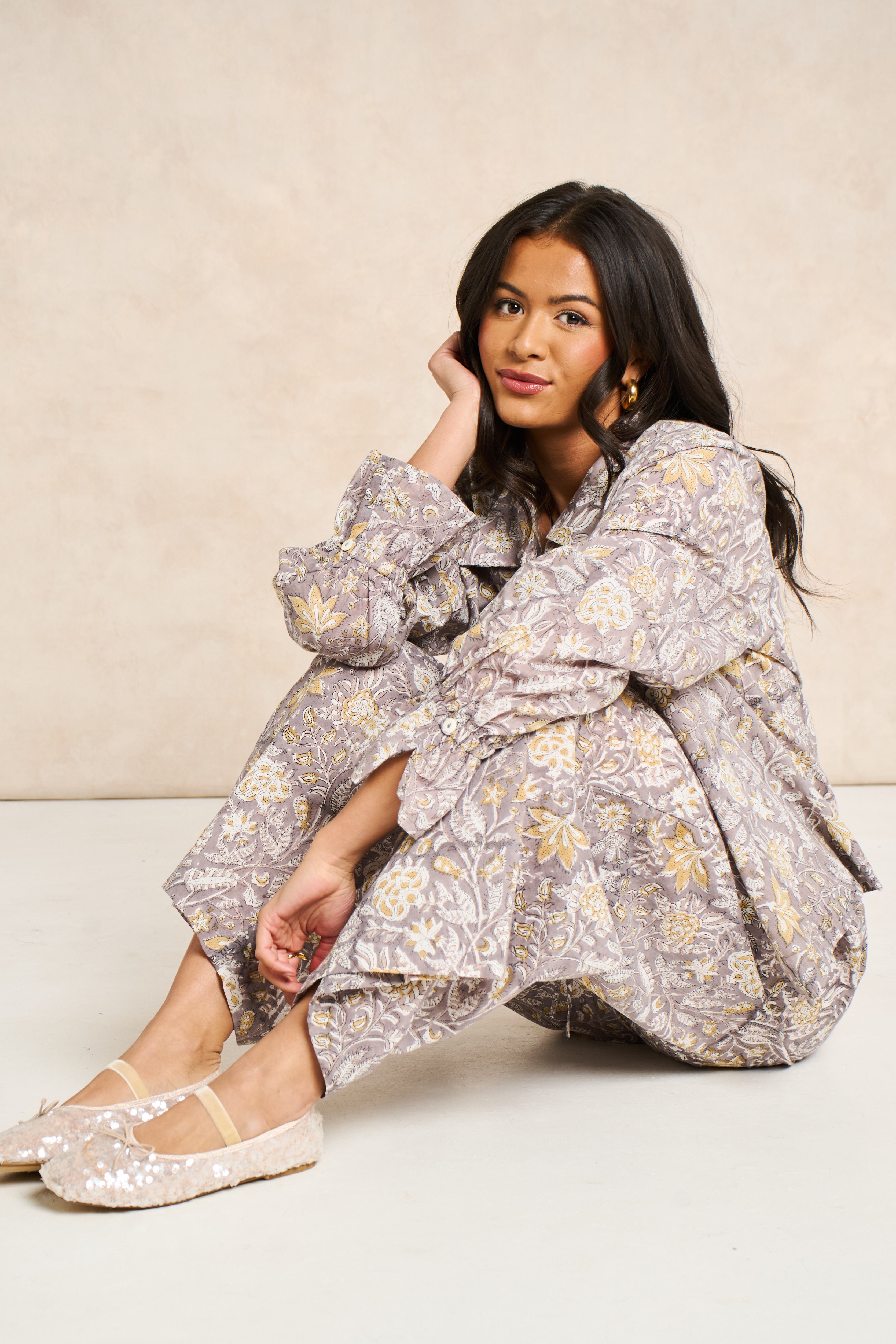 Pearl Taupe & White Block Print Matching Set