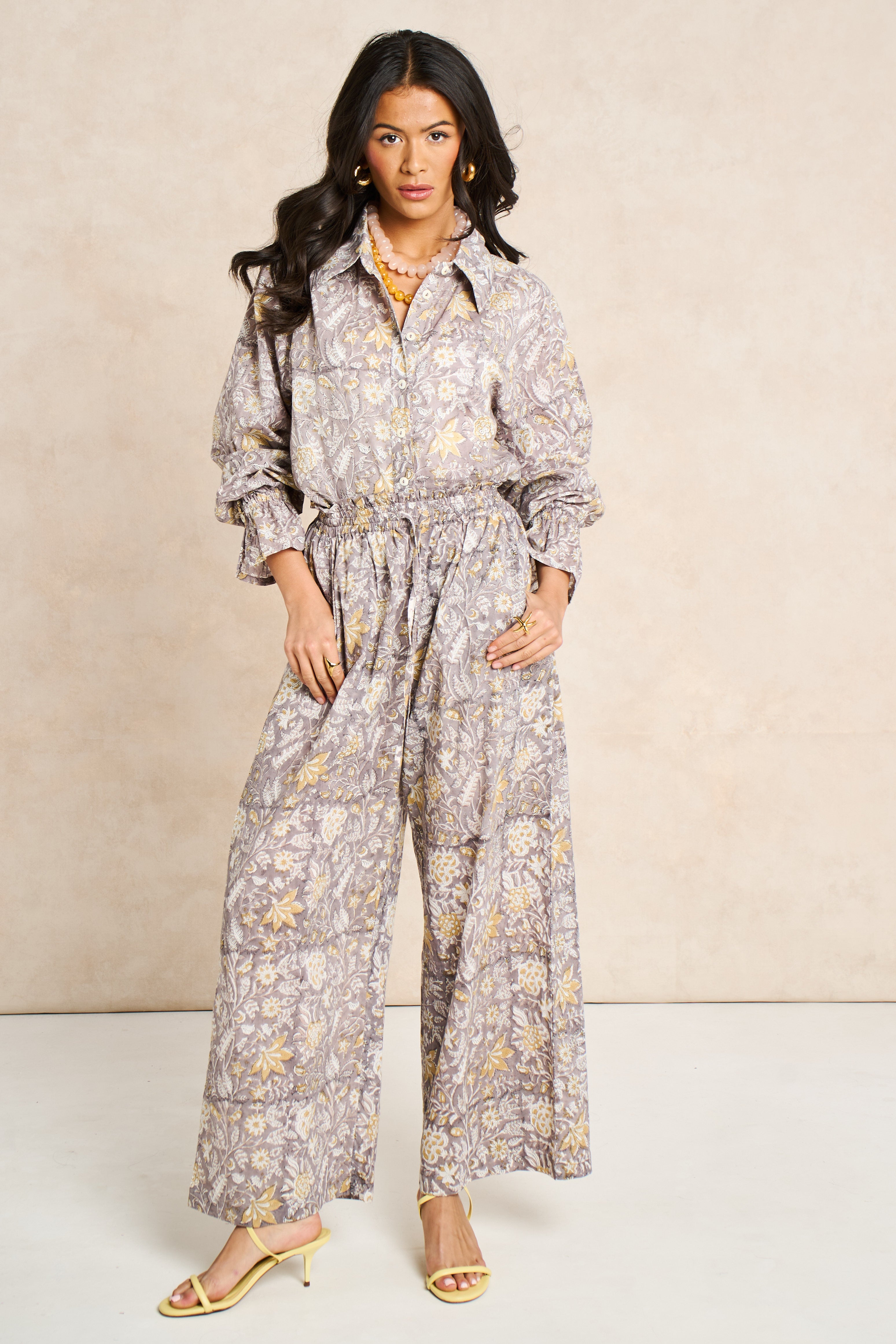 Pearl Taupe & White Block Print Matching Set