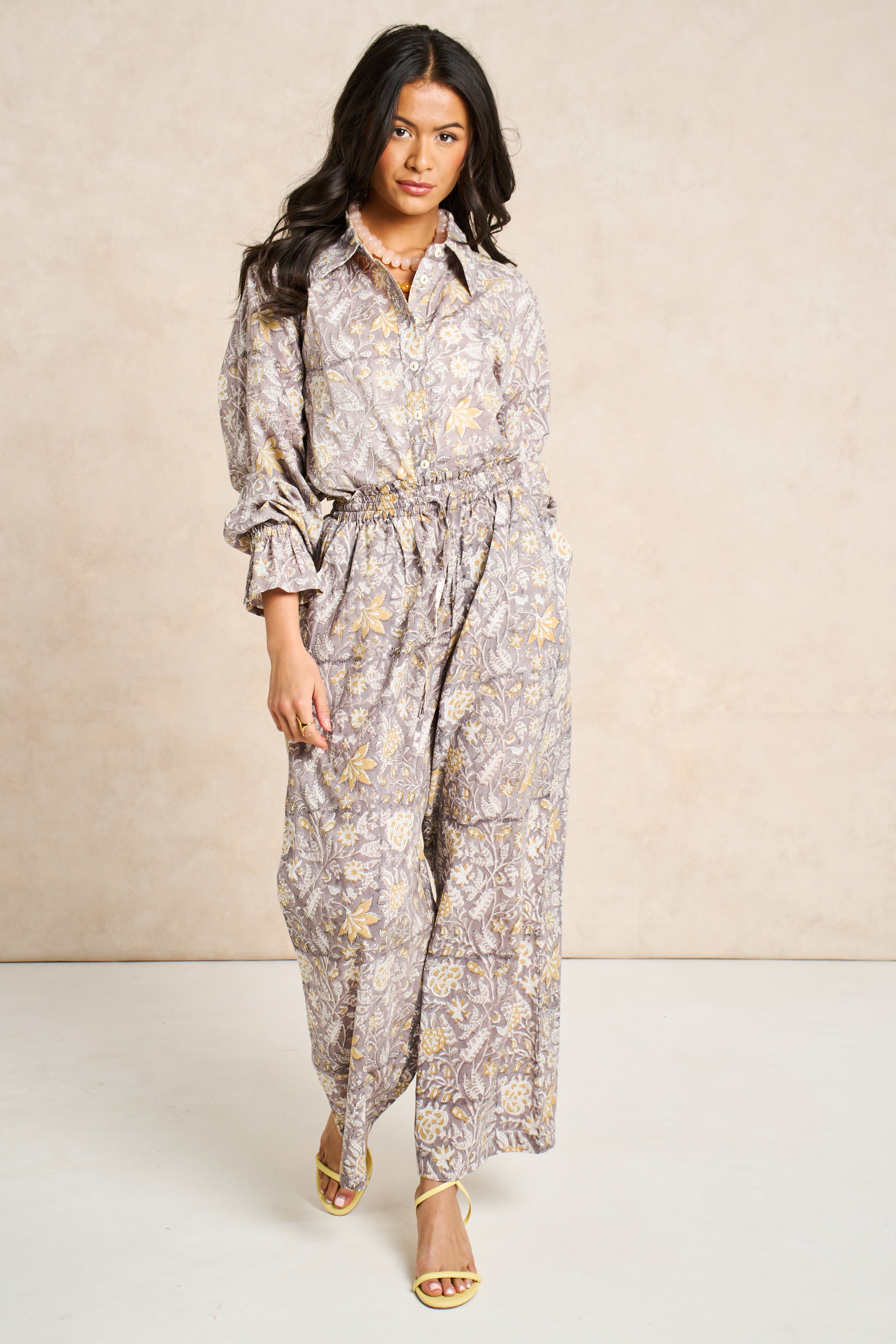 Pearl Taupe & White Block Print Matching Set