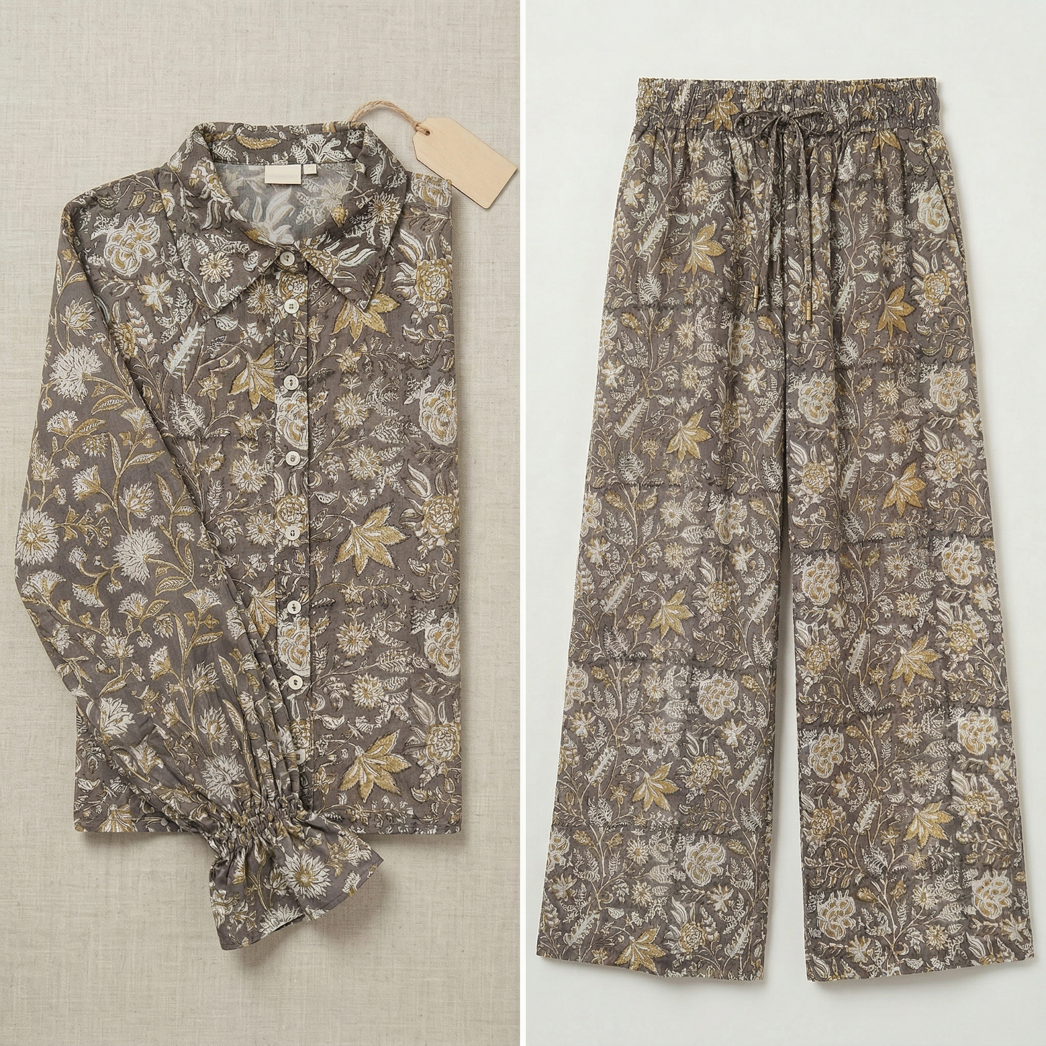 Pearl Taupe & White Block Print Matching Set