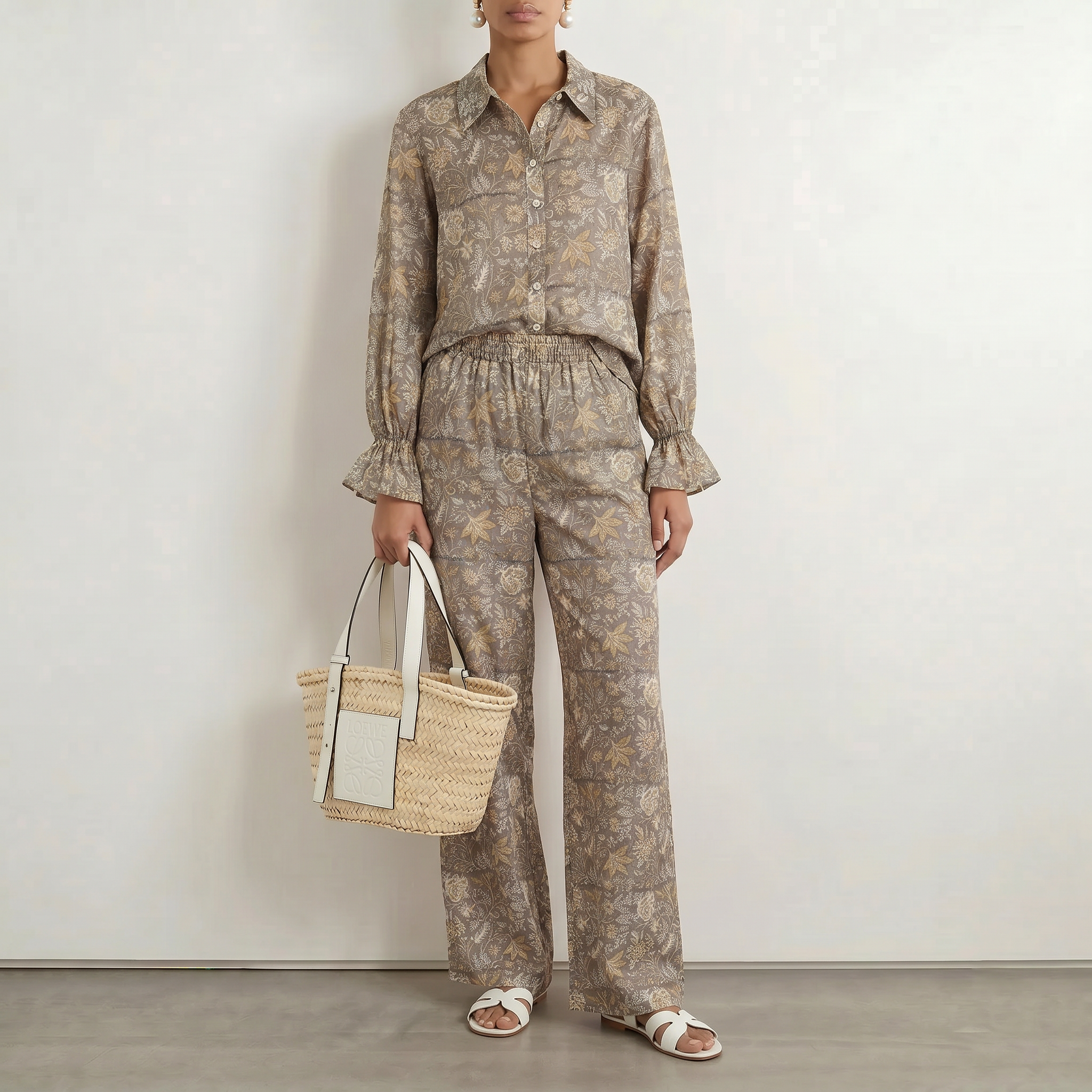 Pearl Taupe & White Block Print Matching Set