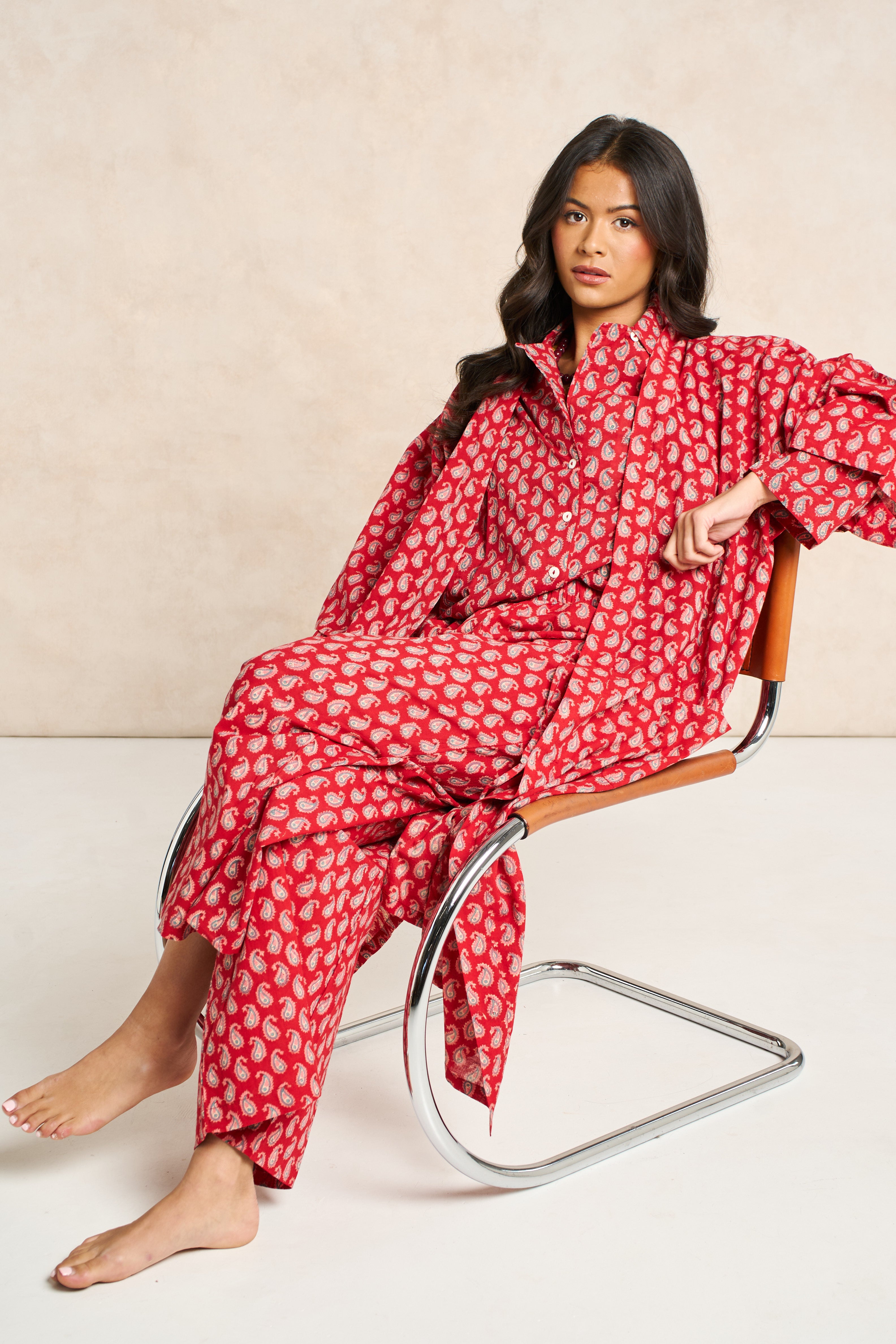 Ruby Red & Champagne Block Print Matching Set