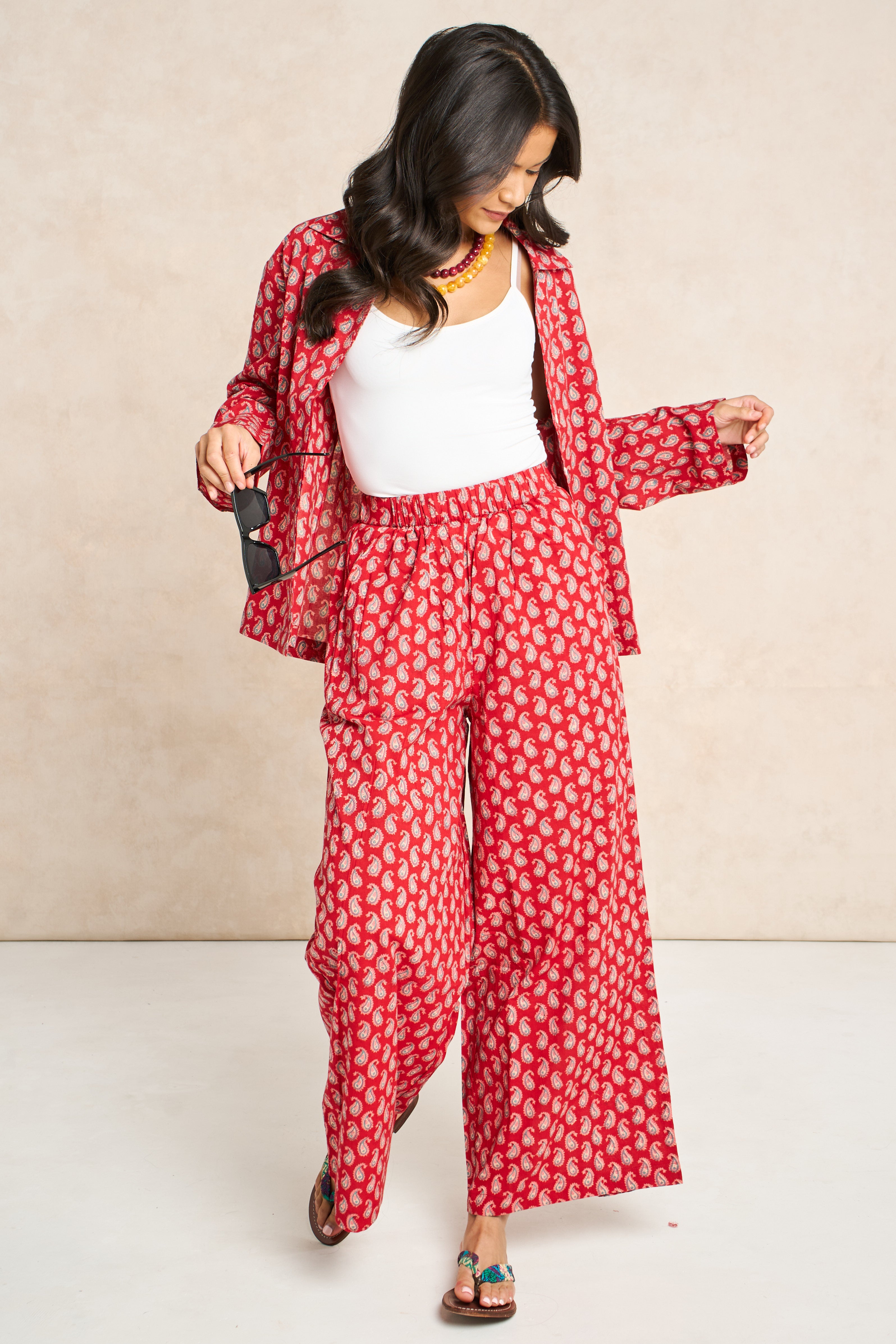 Ruby Red & Champagne Block Print Matching Set