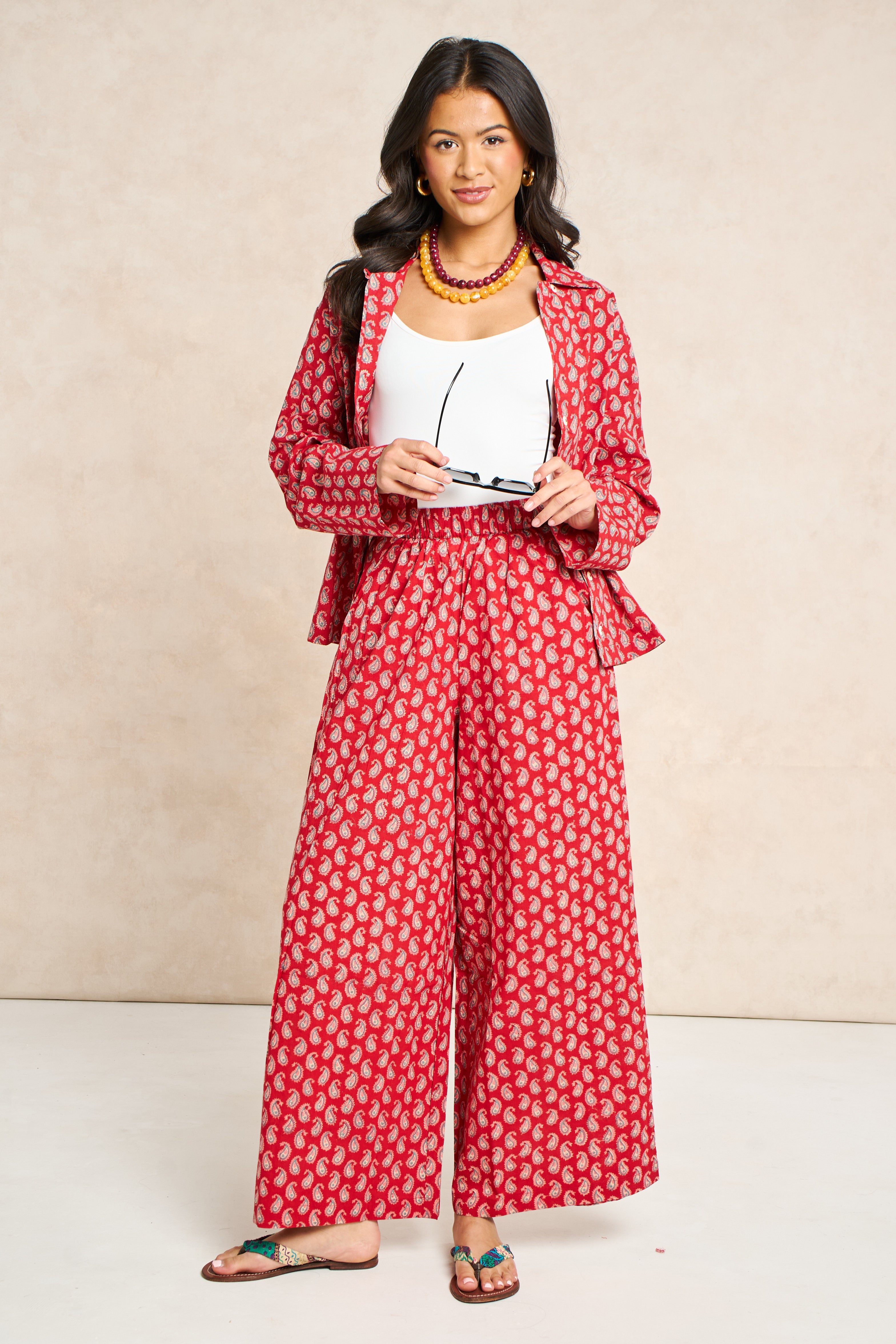 Ruby Red & Champagne Block Print Matching Set