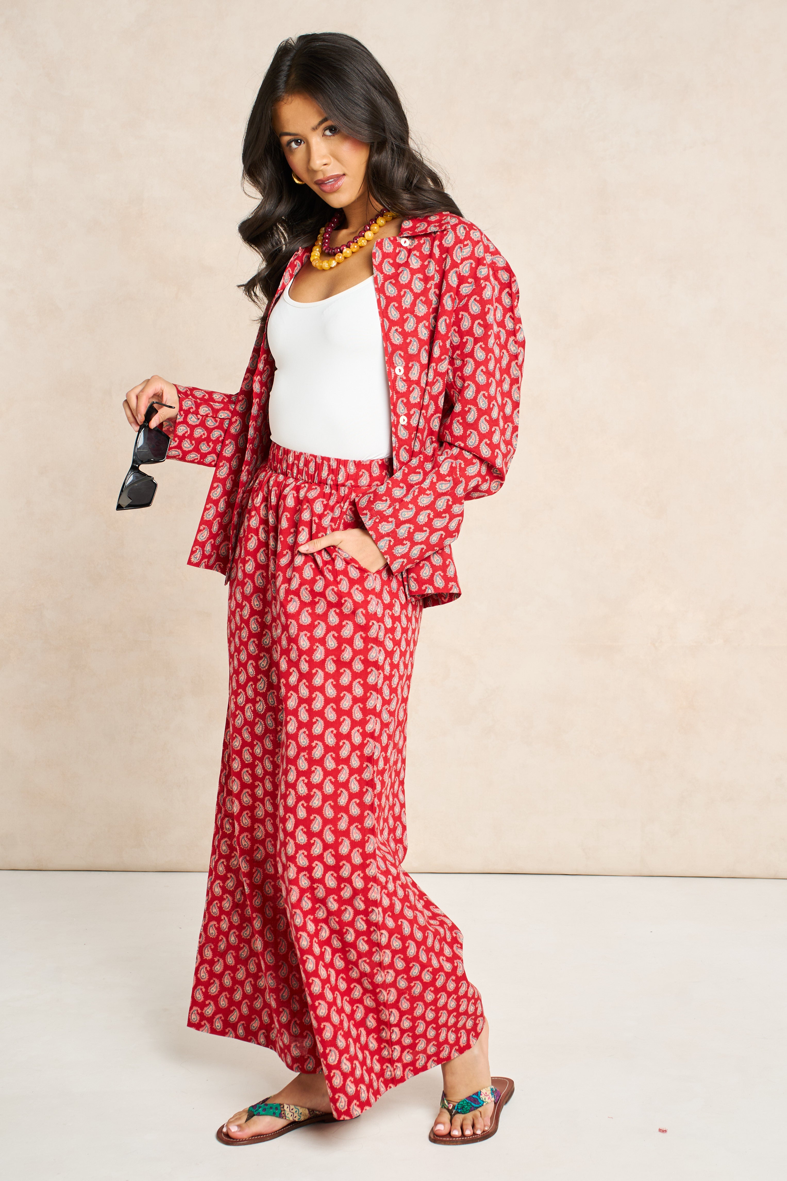 Ruby Red & Champagne Block Print Matching Set