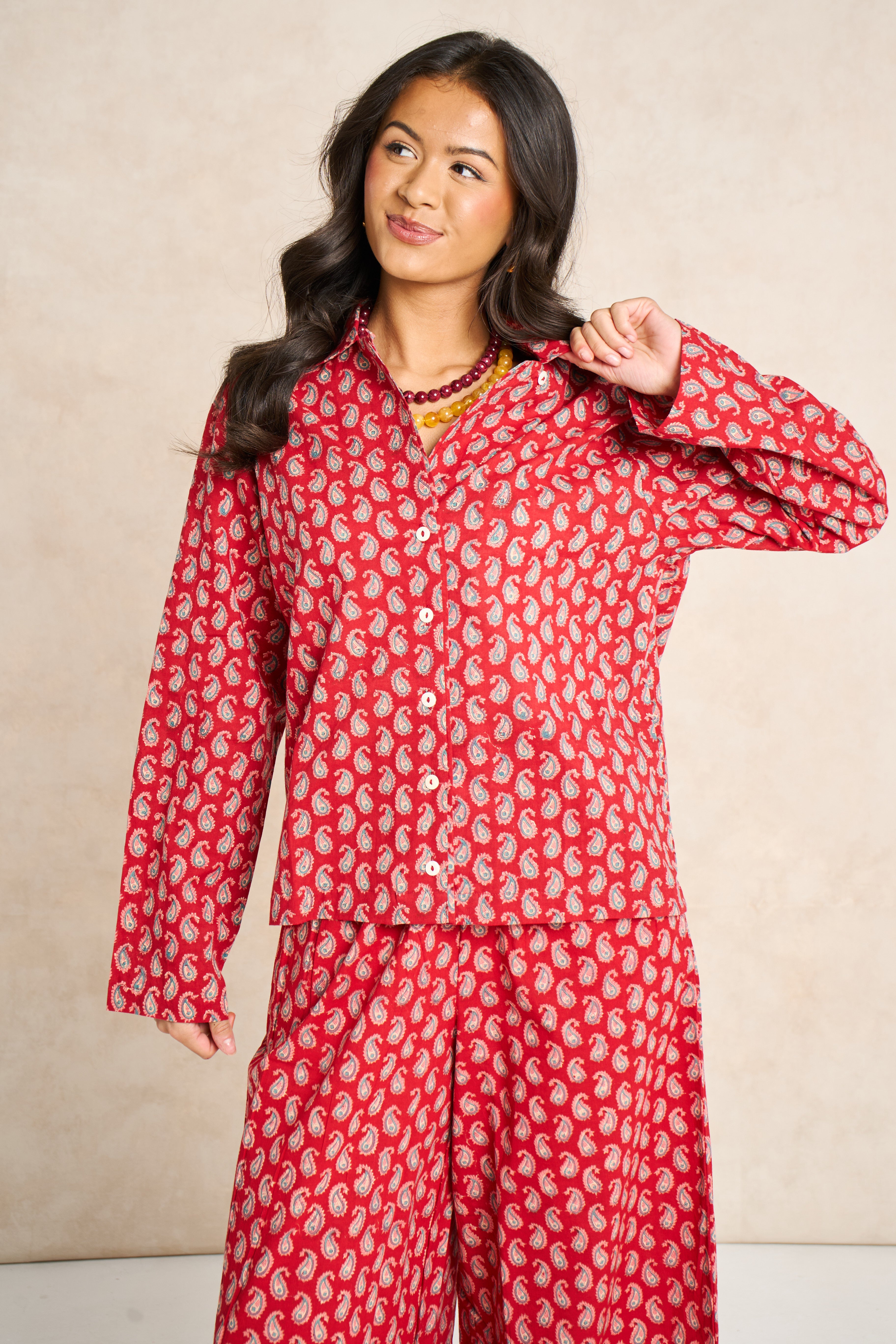 Ruby Red & Champagne Block Print Matching Set
