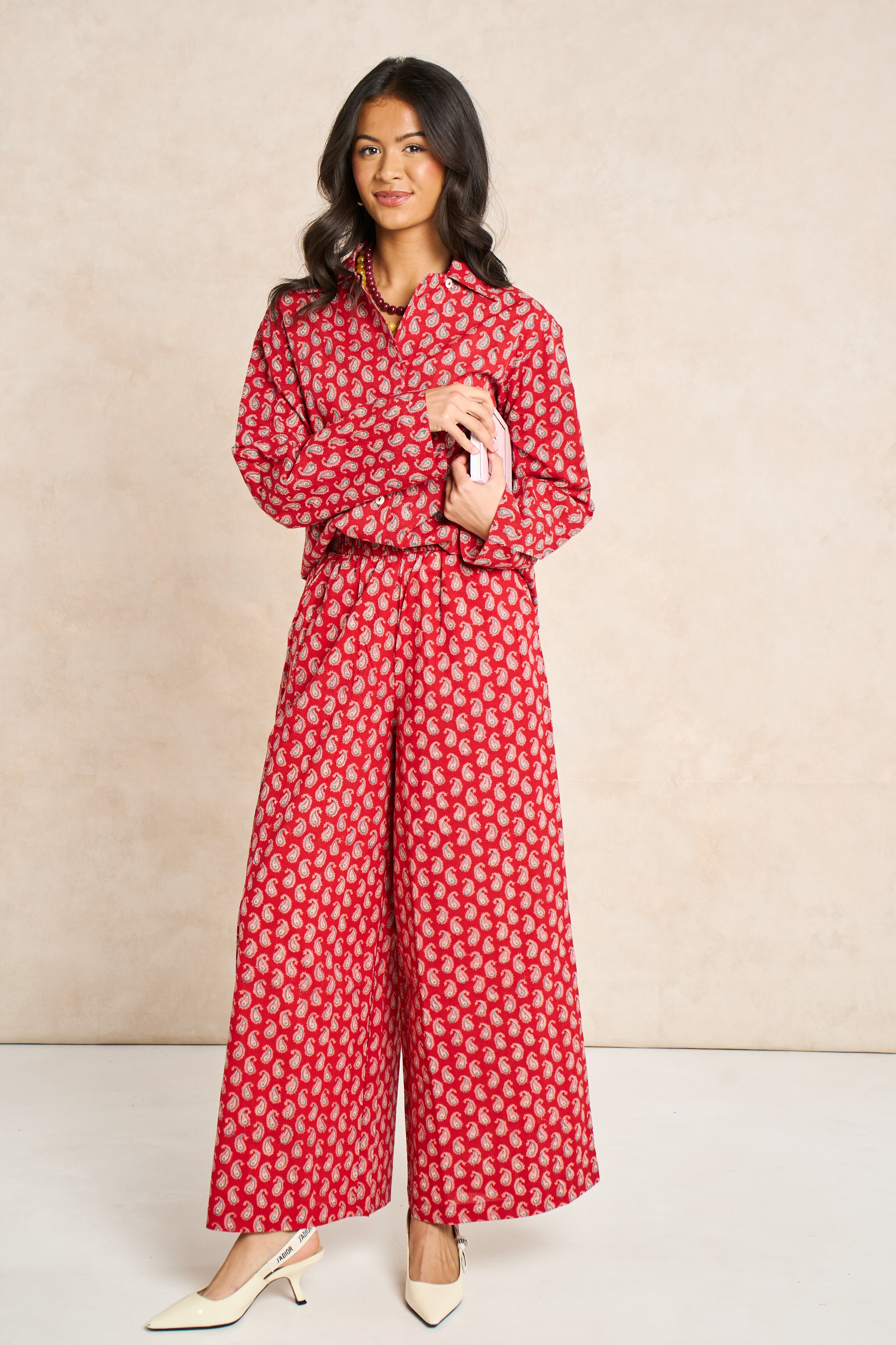 Ruby Red & Champagne Block Print Matching Set
