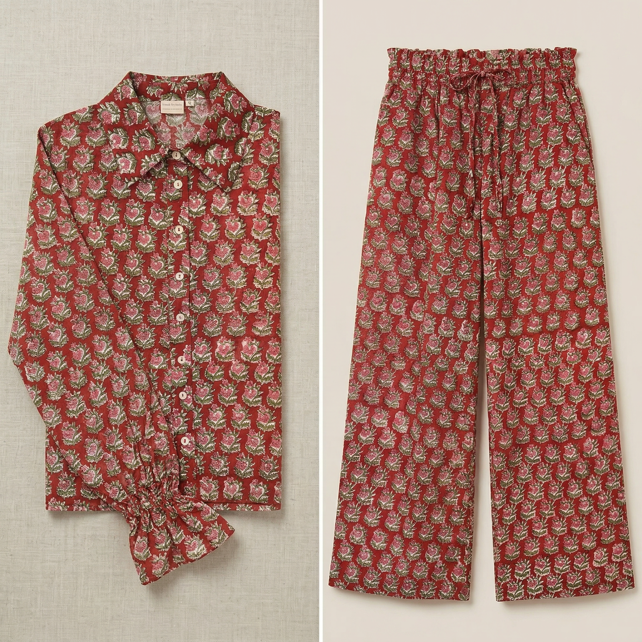 Ruby Red & Champagne Block Print Matching Set