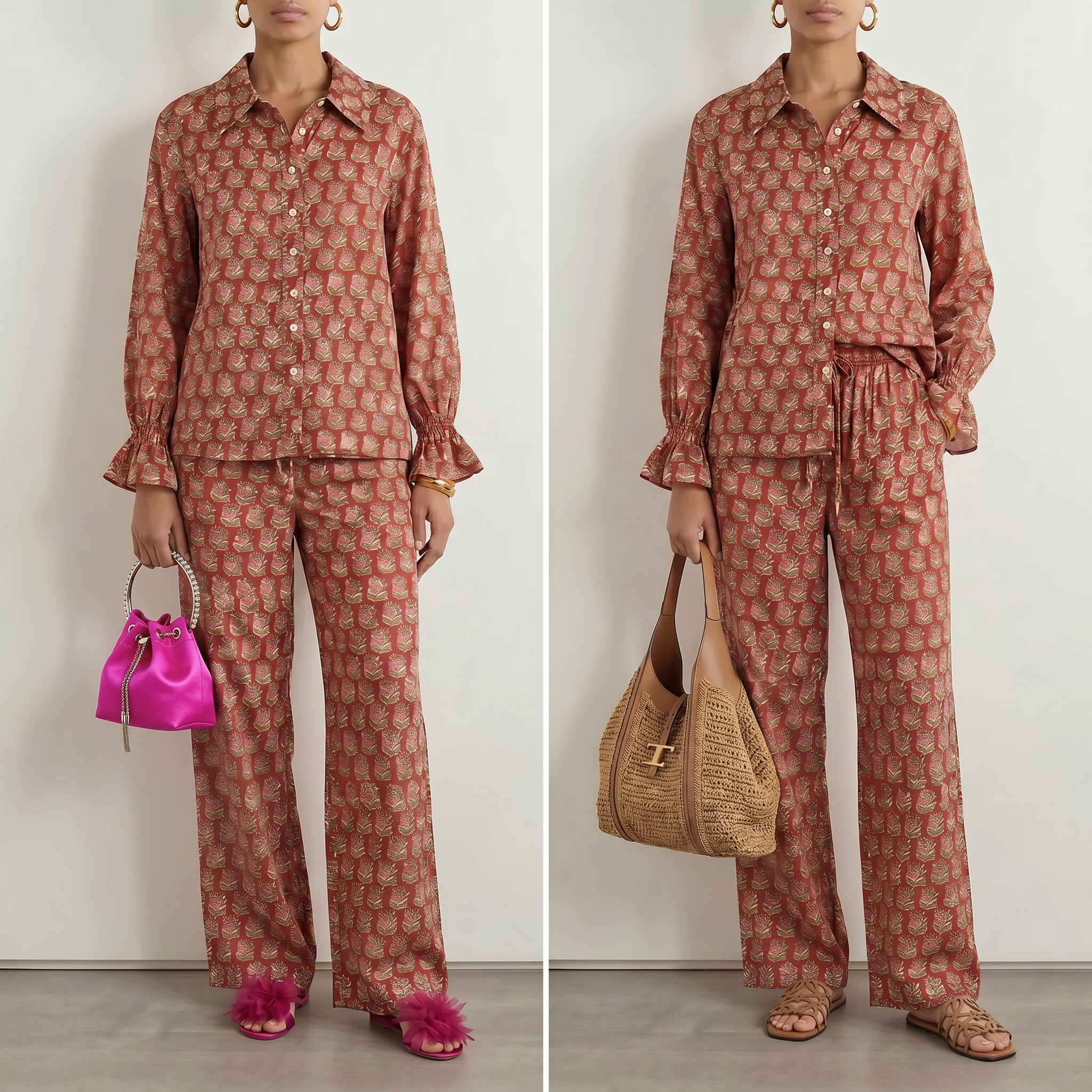 Ruby Red & Champagne Block Print Matching Set