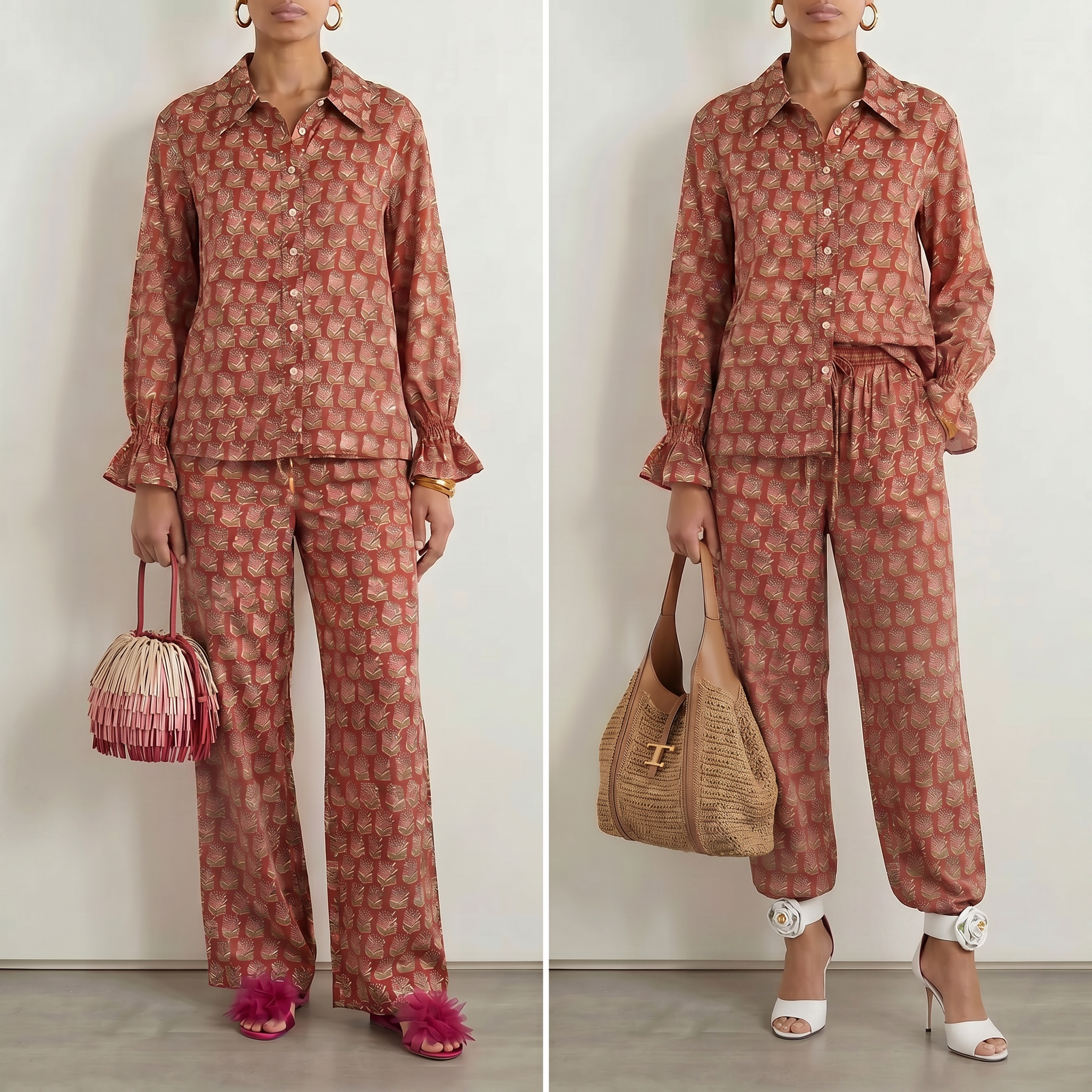 Ruby Red & Champagne Block Print Matching Set