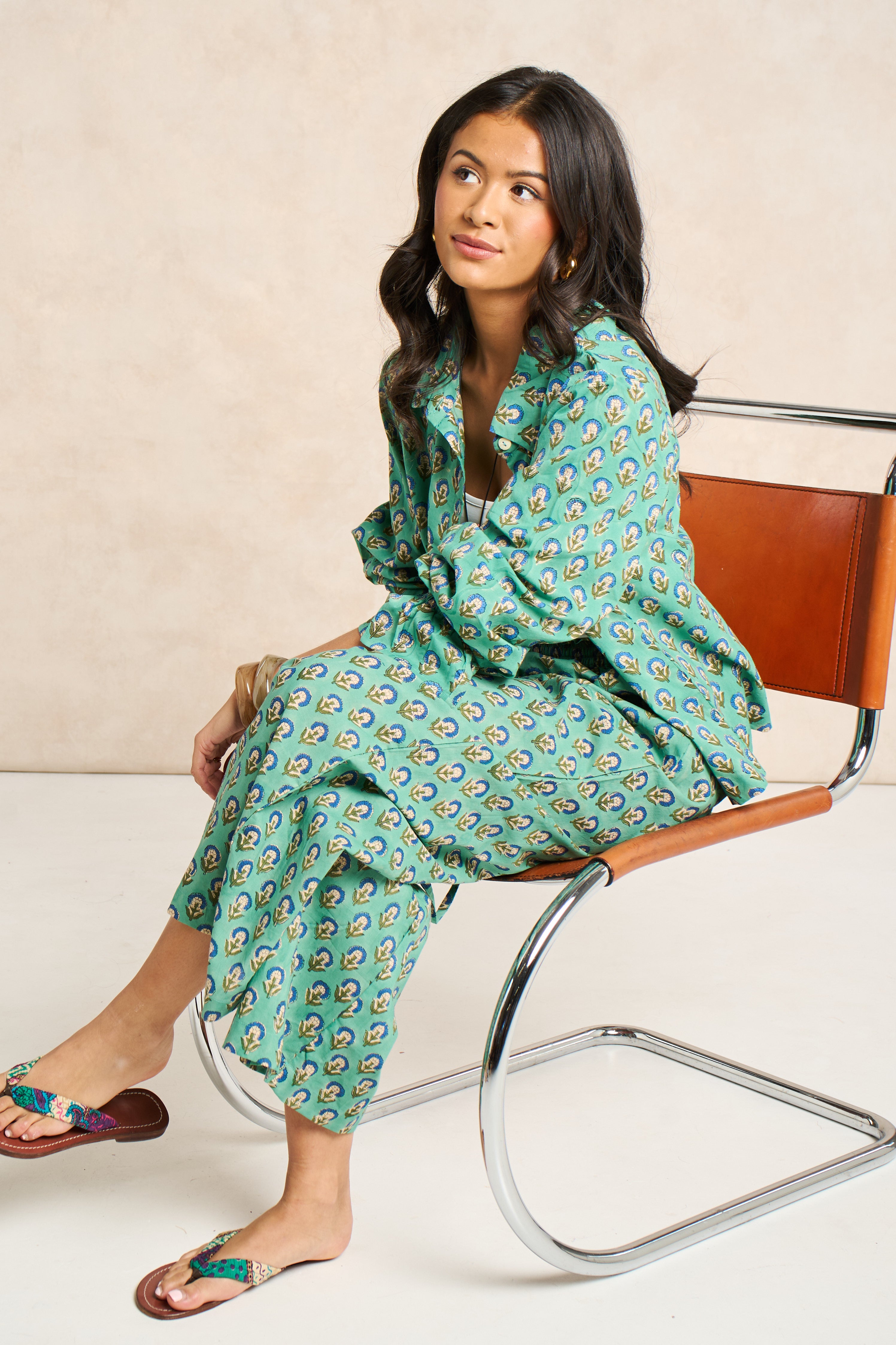 Sage Green & Navy Block Print Matching Set
