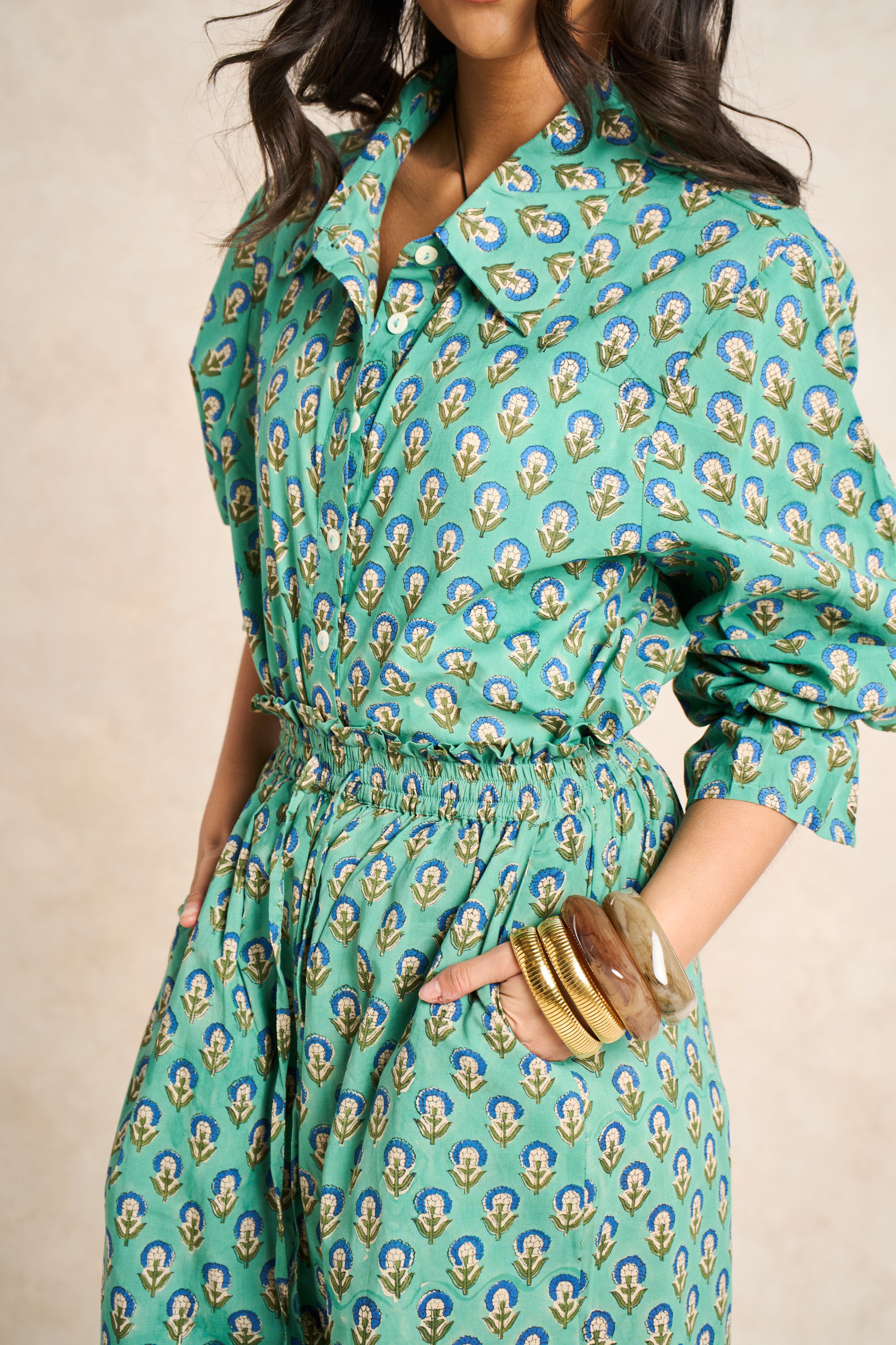 Sage Green & Navy Block Print Matching Set