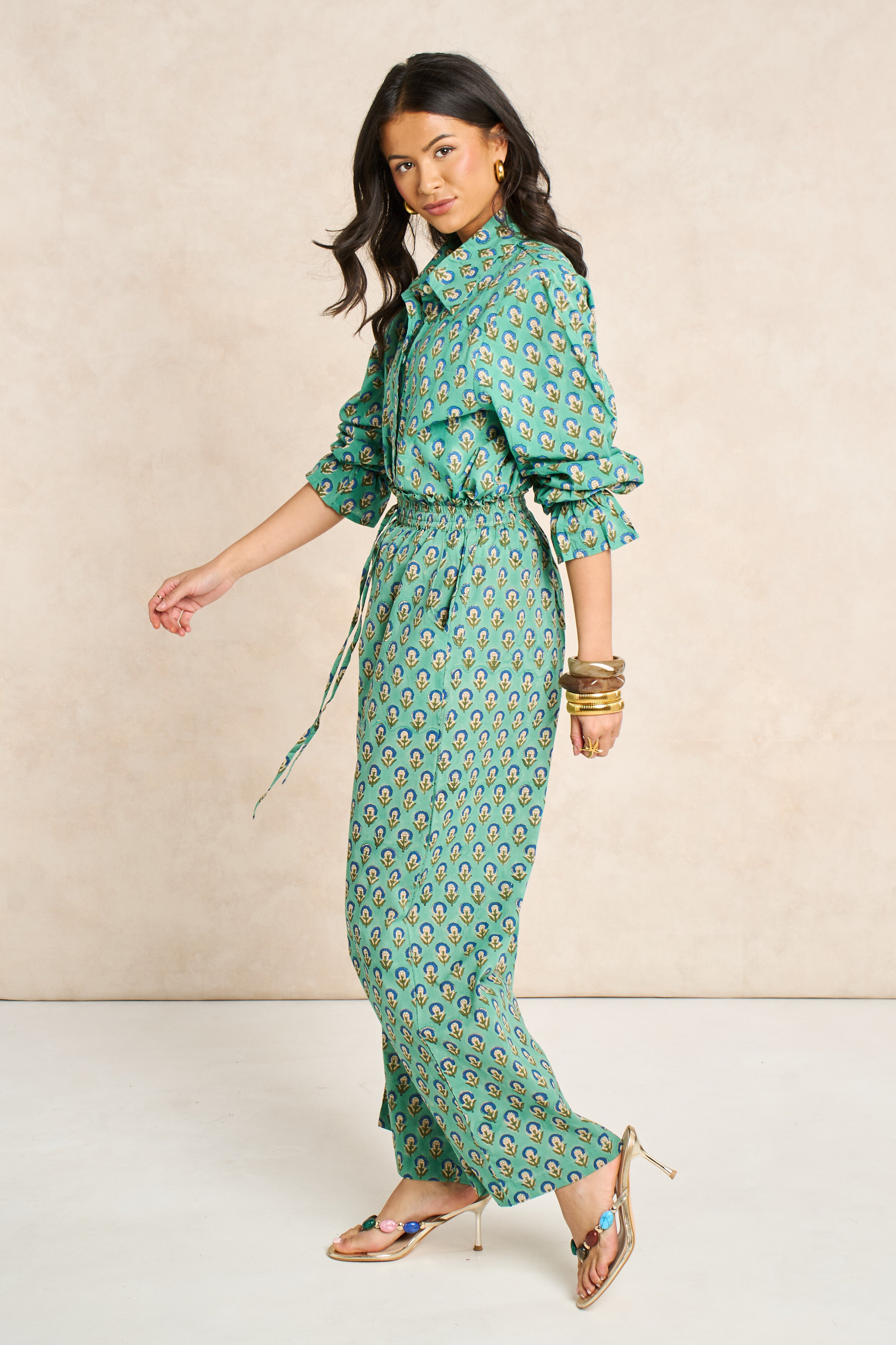 Sage Green & Navy Block Print Matching Set