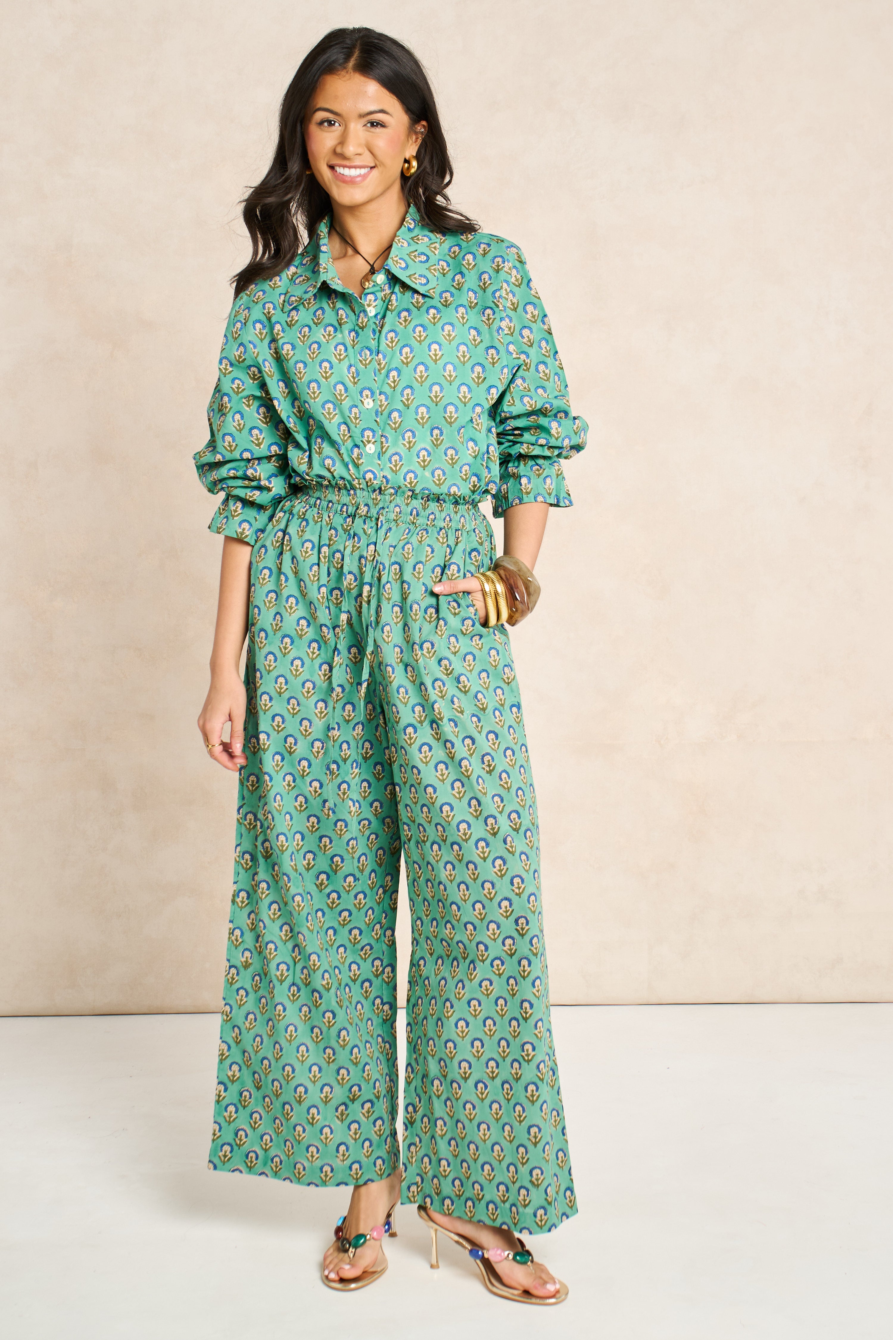 Sage Green & Navy Block Print Matching Set