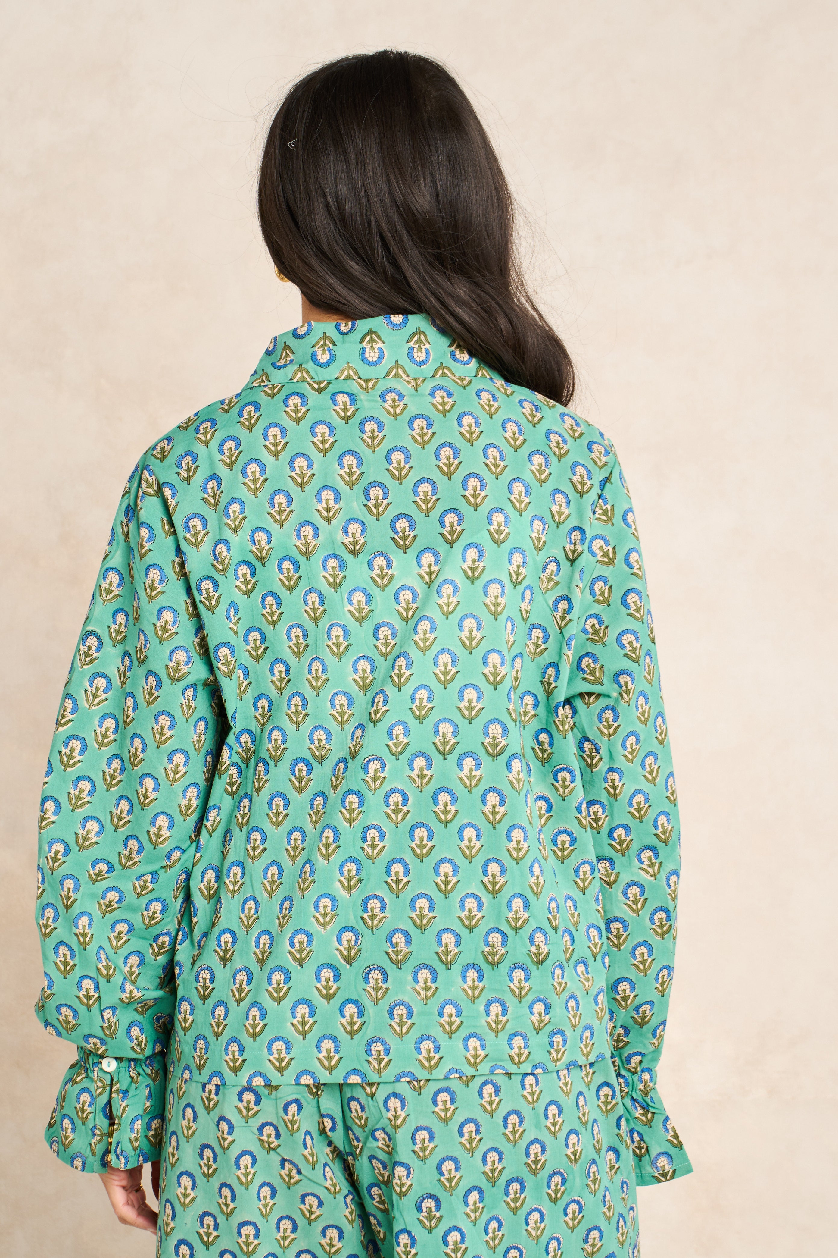 Sage Green & Navy Block Print Matching Set