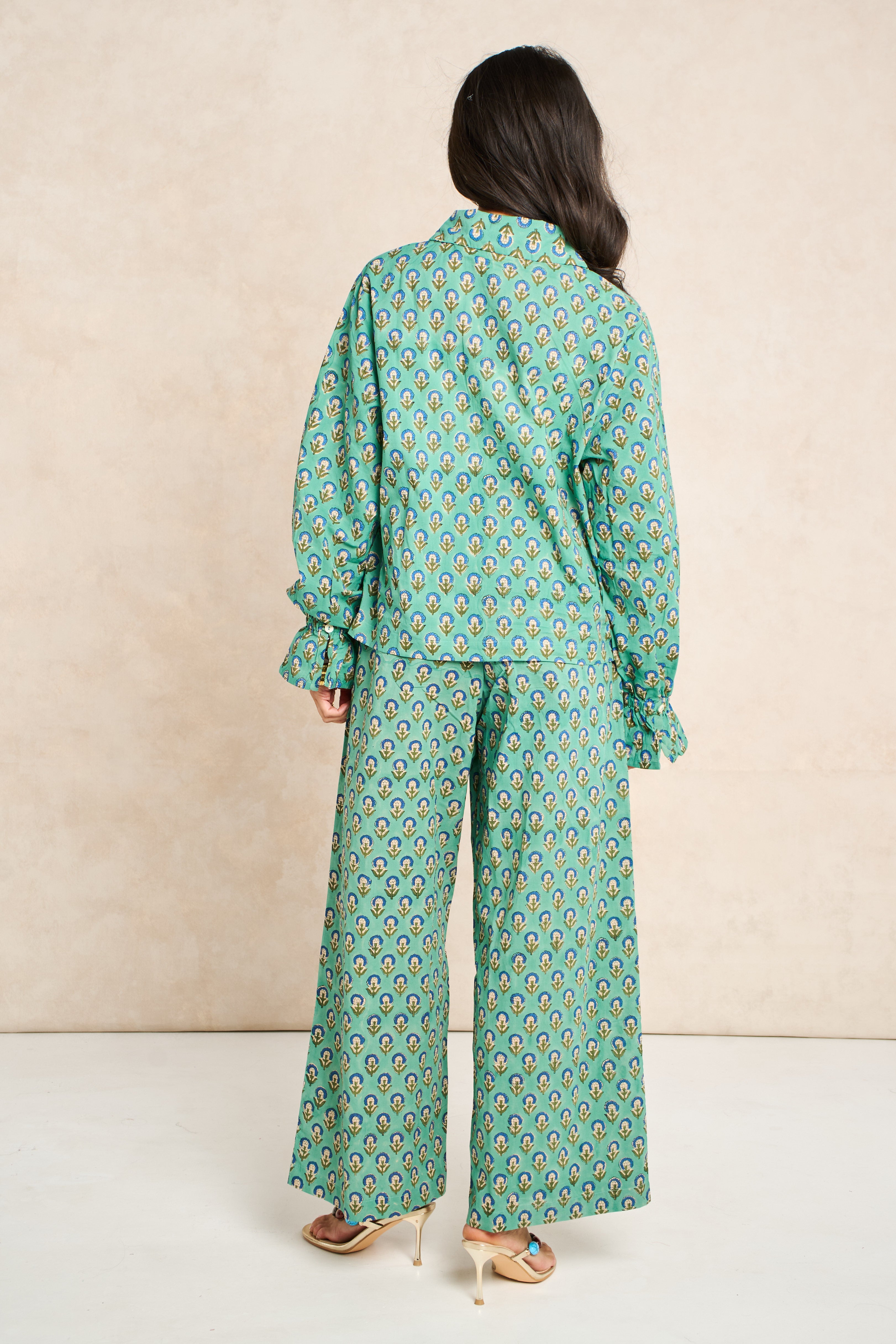 Sage Green & Navy Block Print Matching Set