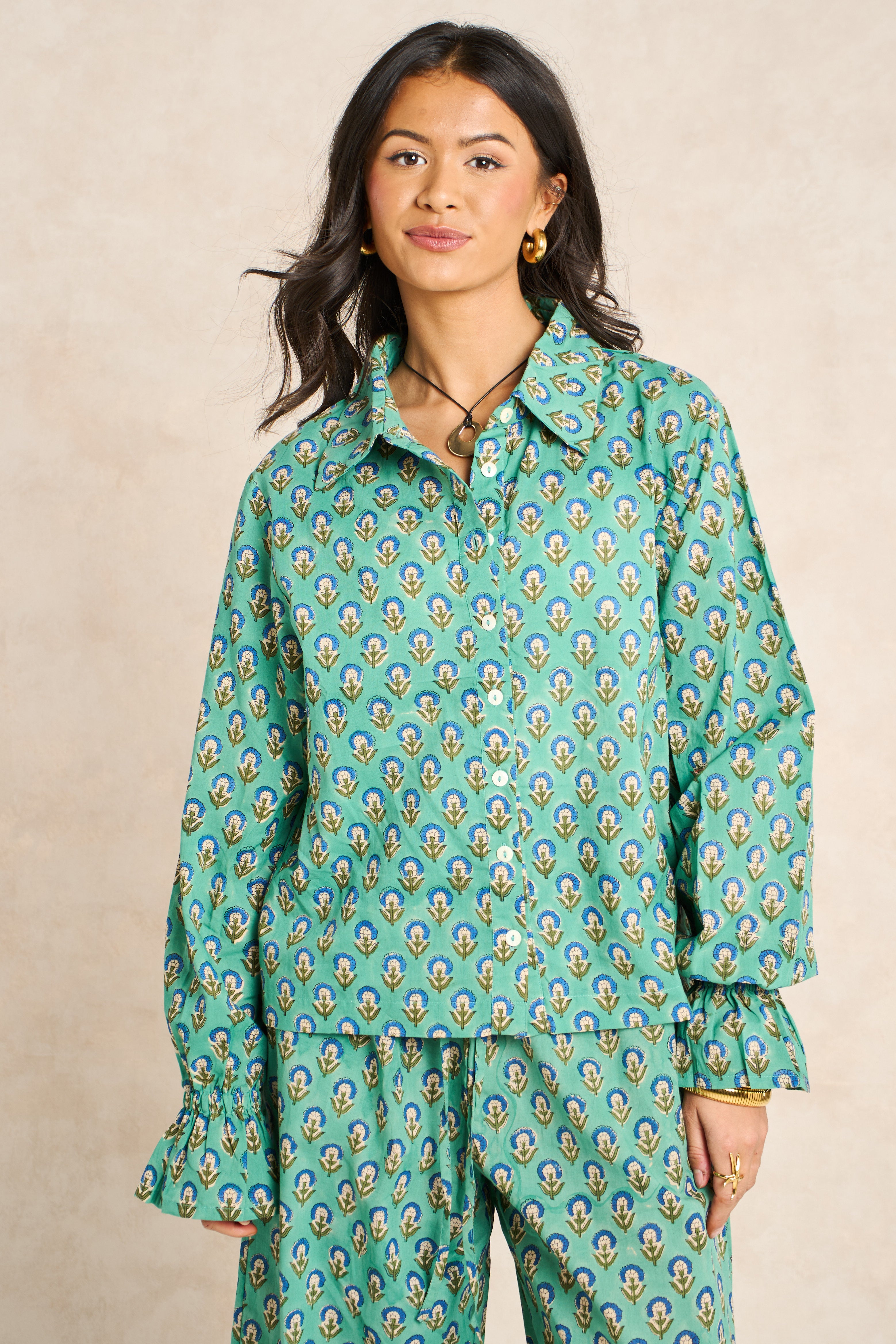 Sage Green & Navy Block Print Matching Set
