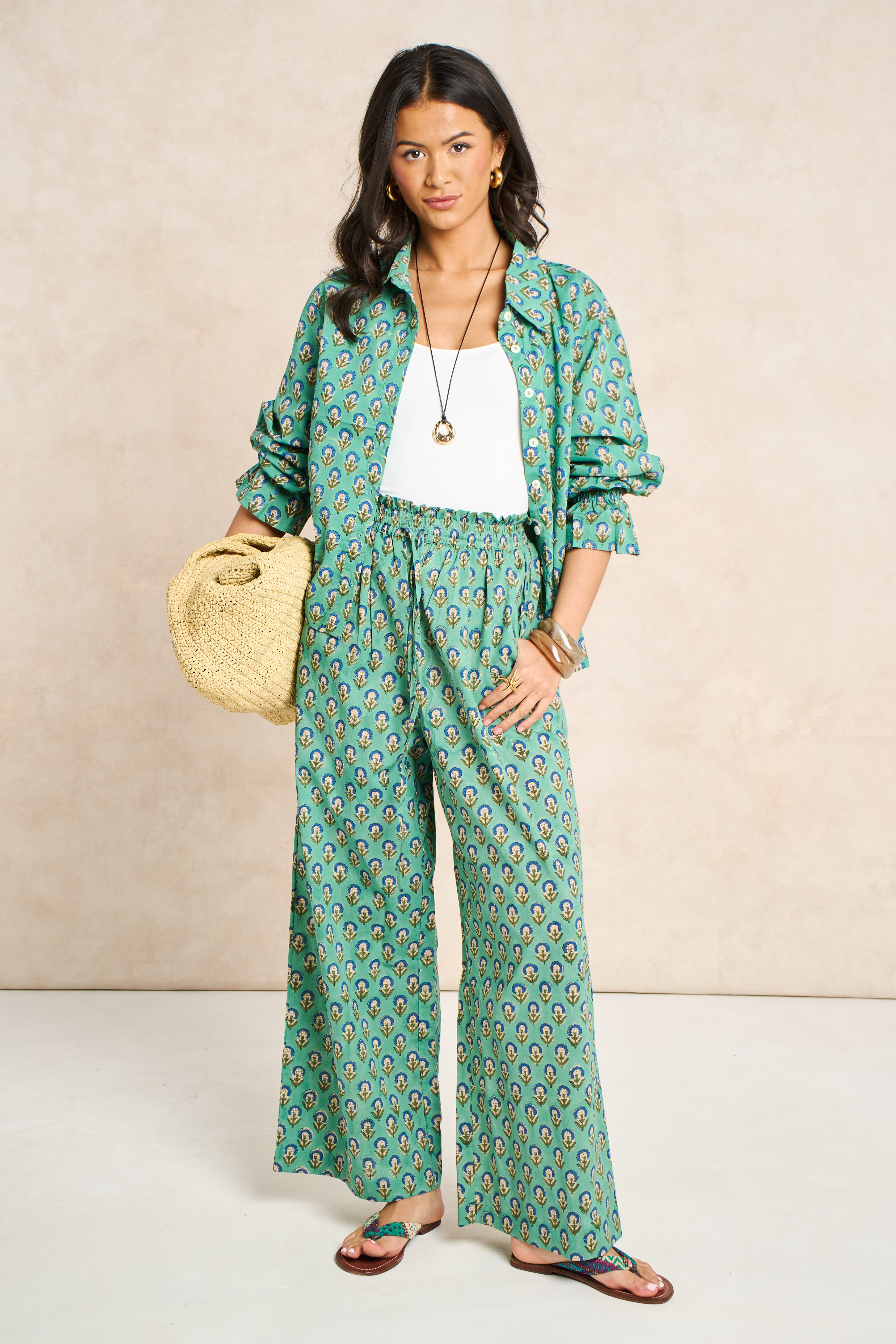 Sage Green & Navy Block Print Matching Set
