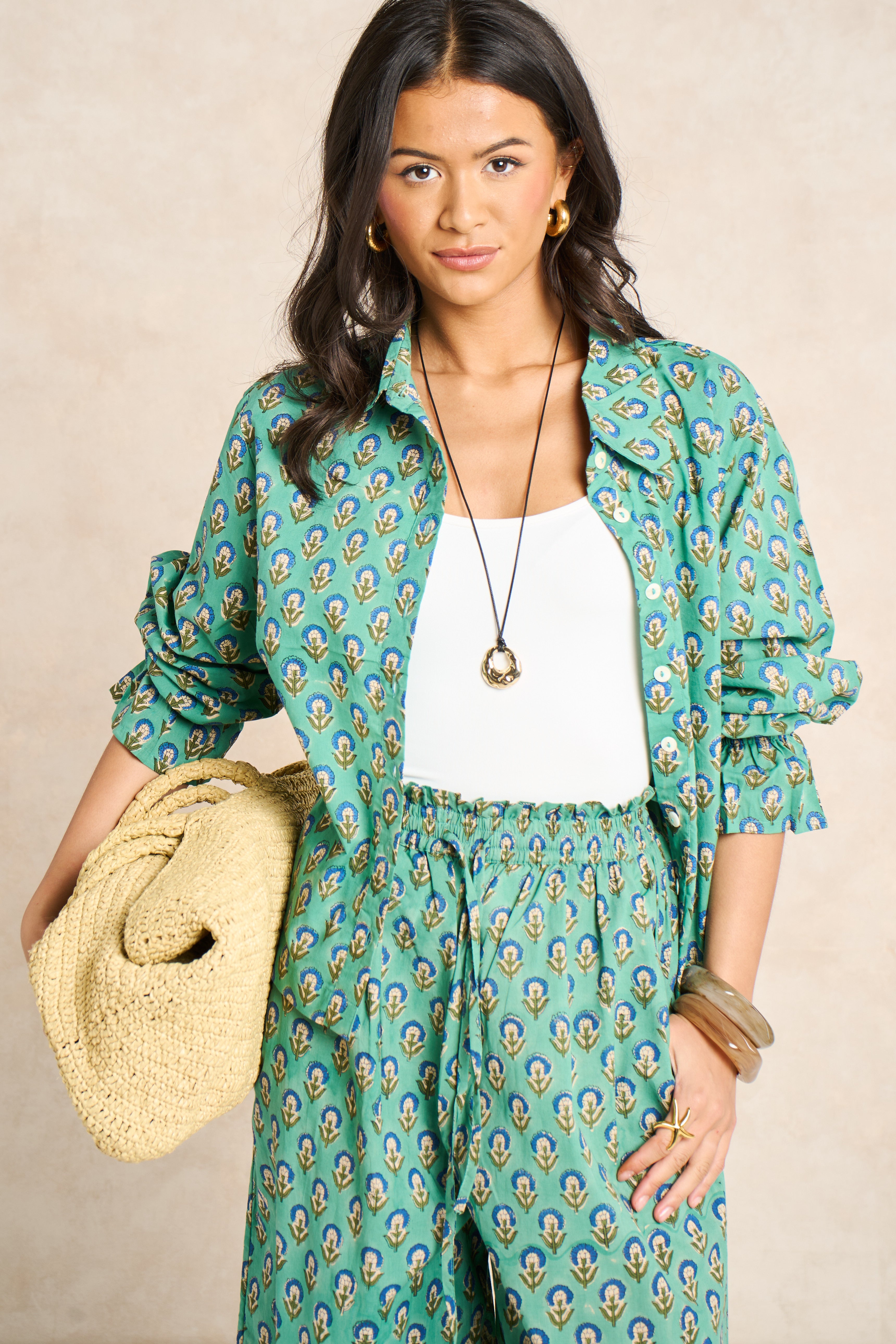 Sage Green & Navy Block Print Matching Set