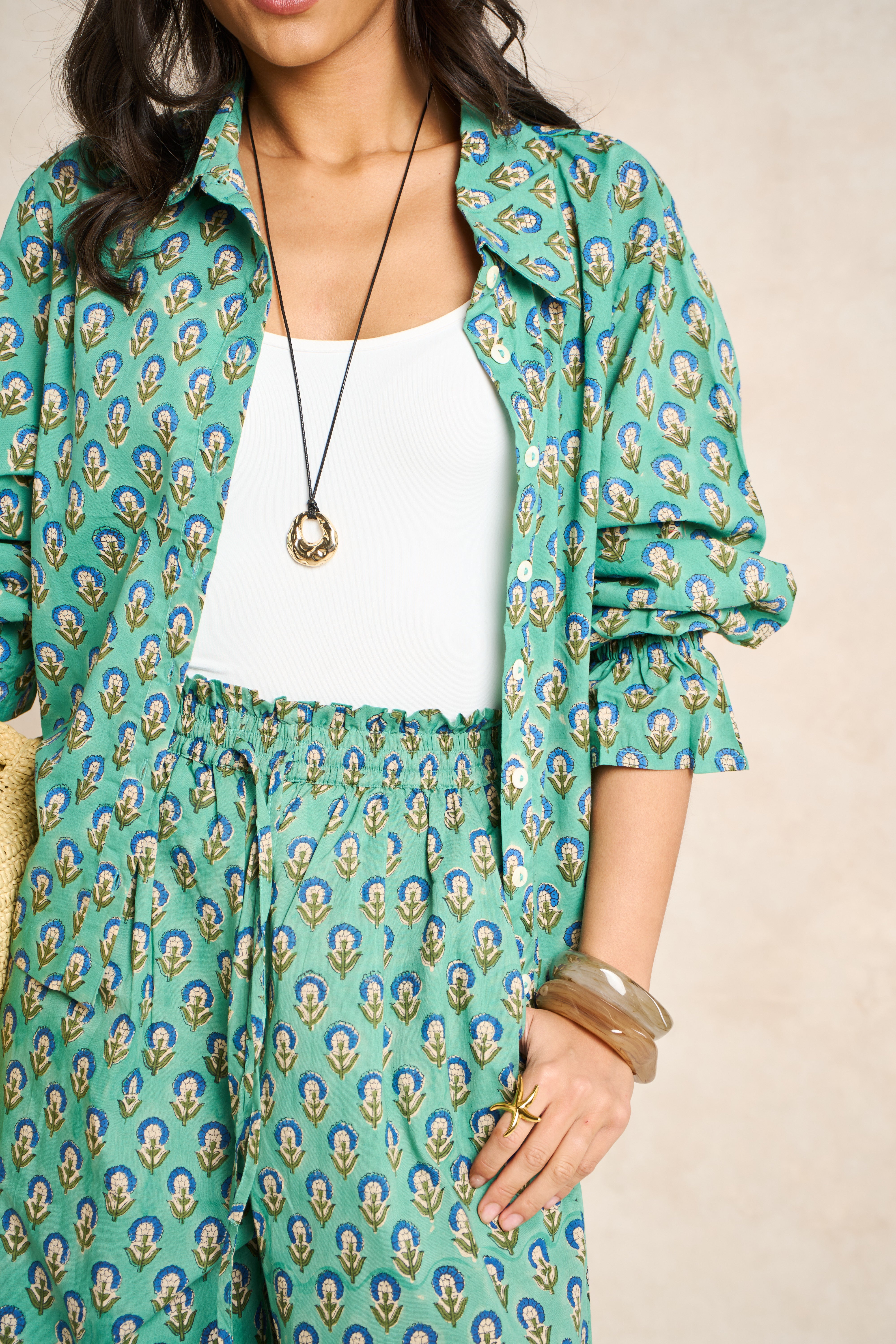 Sage Green & Navy Block Print Matching Set