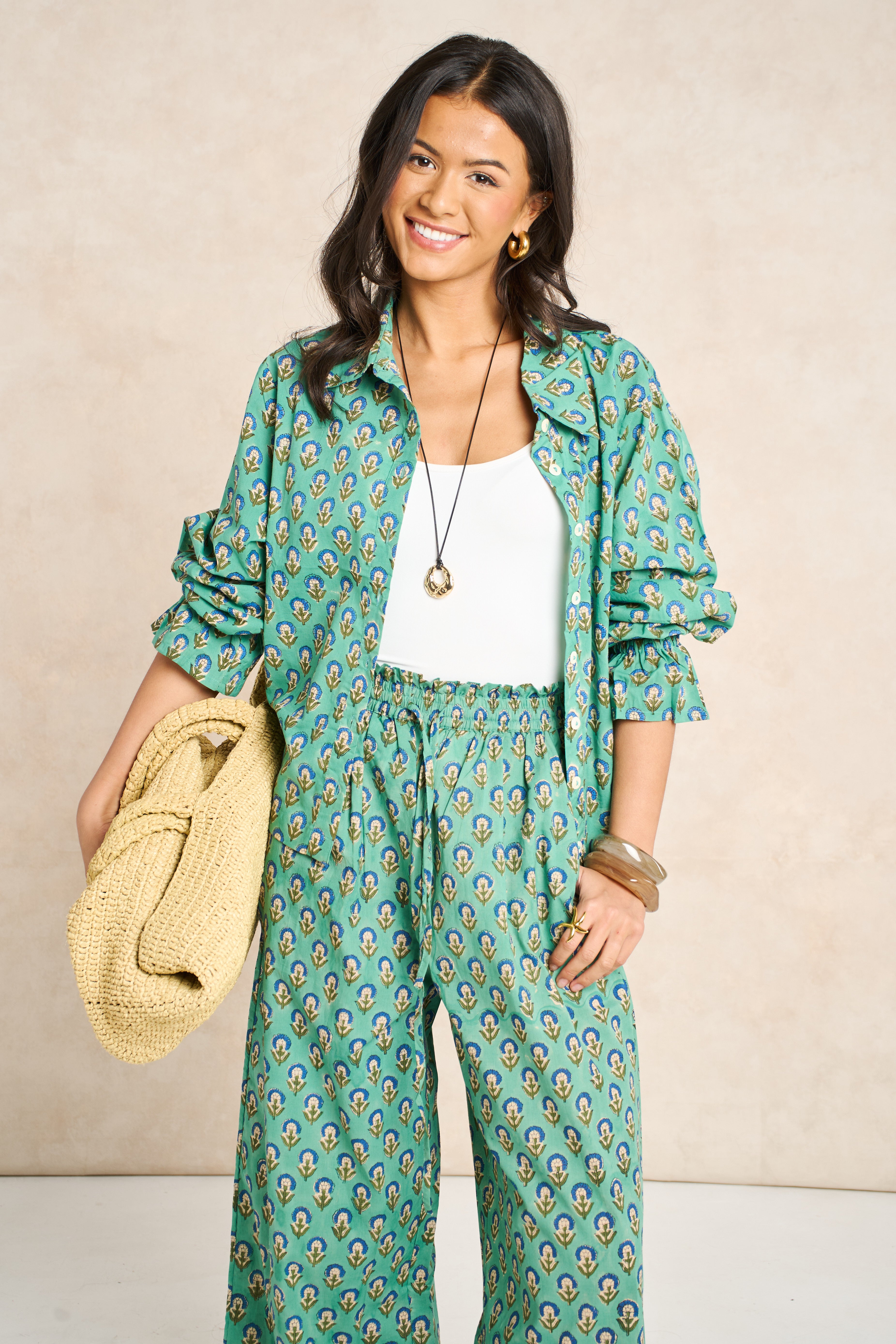 Sage Green & Navy Block Print Matching Set