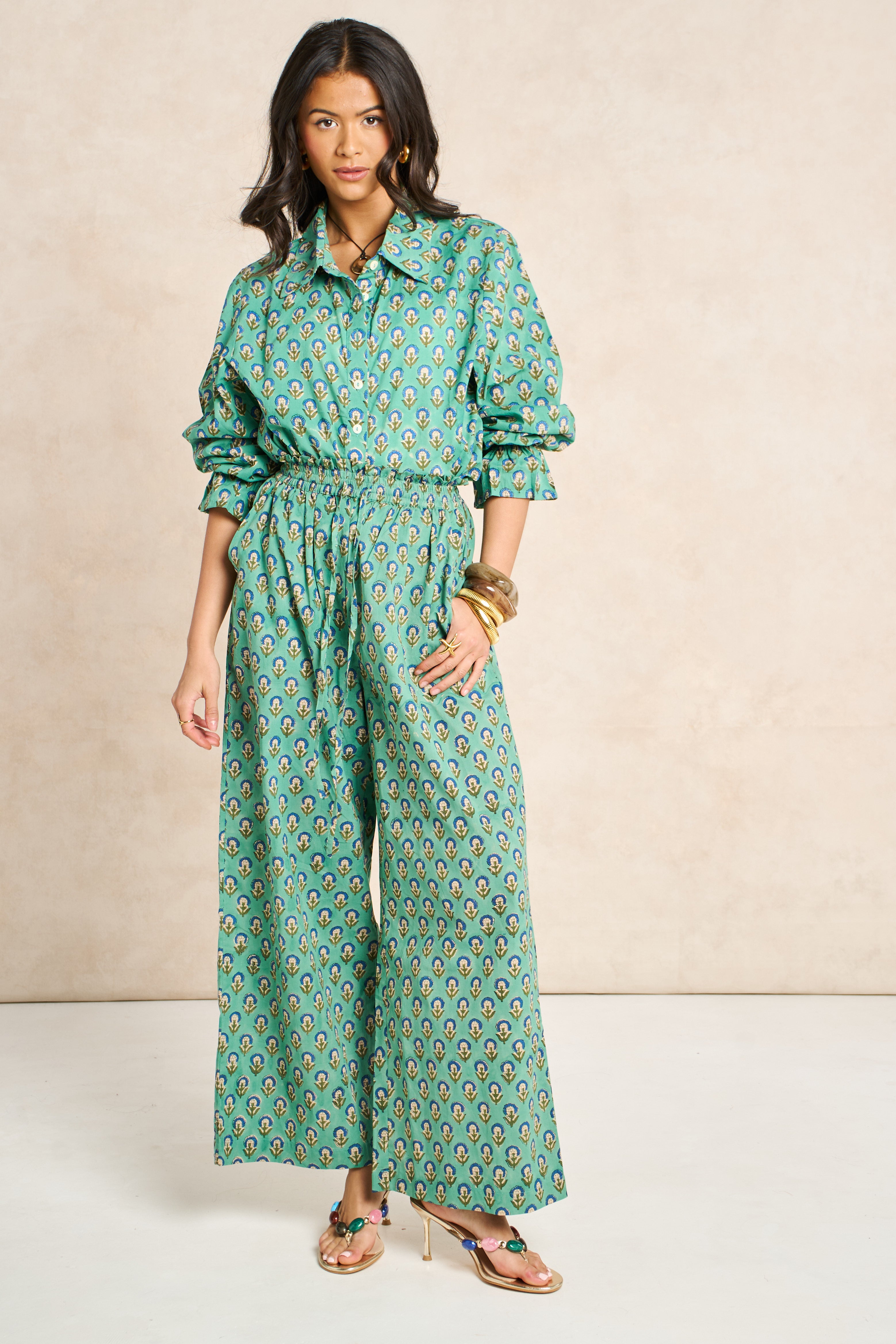 Sage Green & Navy Block Print Matching Set