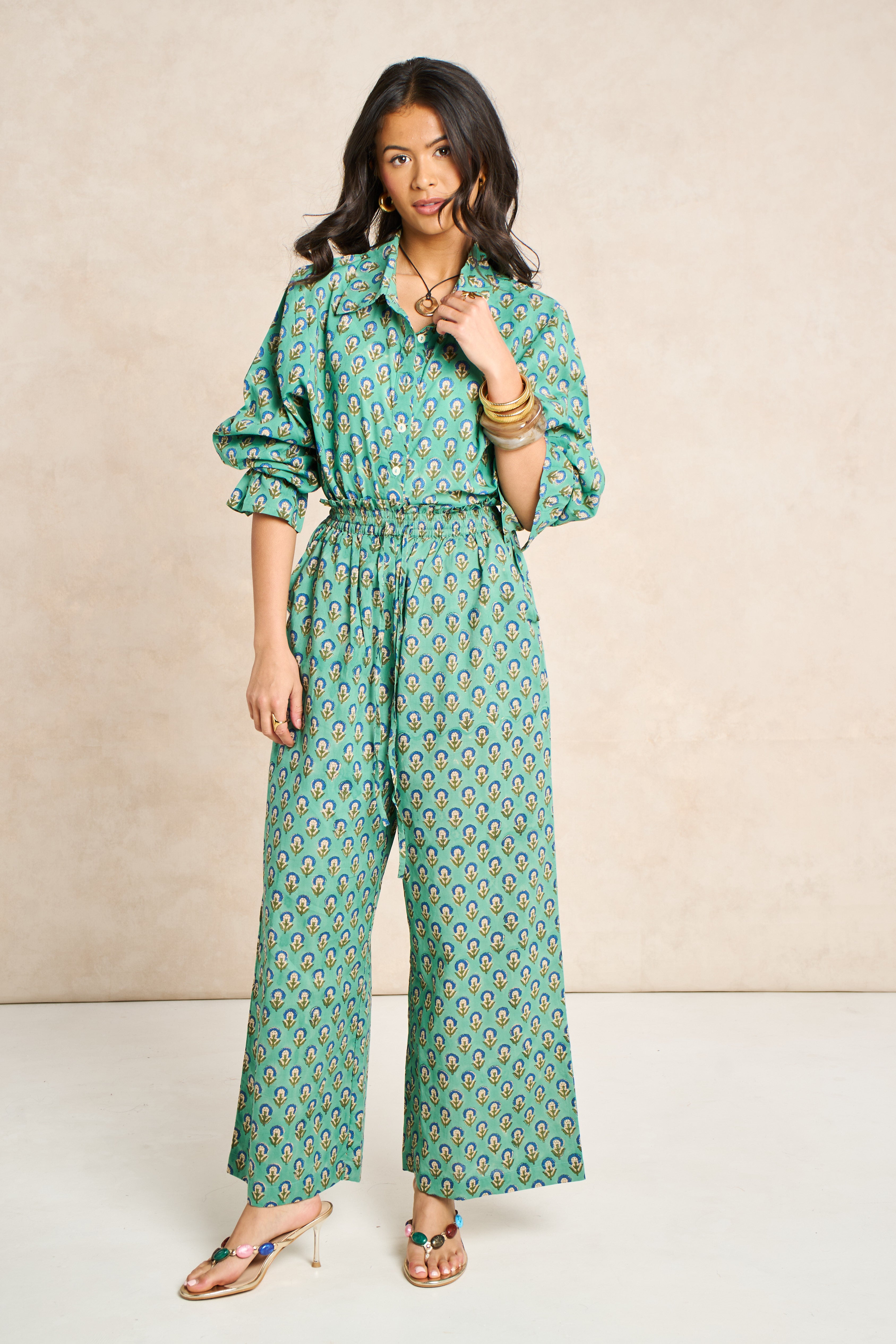 Sage Green & Navy Block Print Matching Set