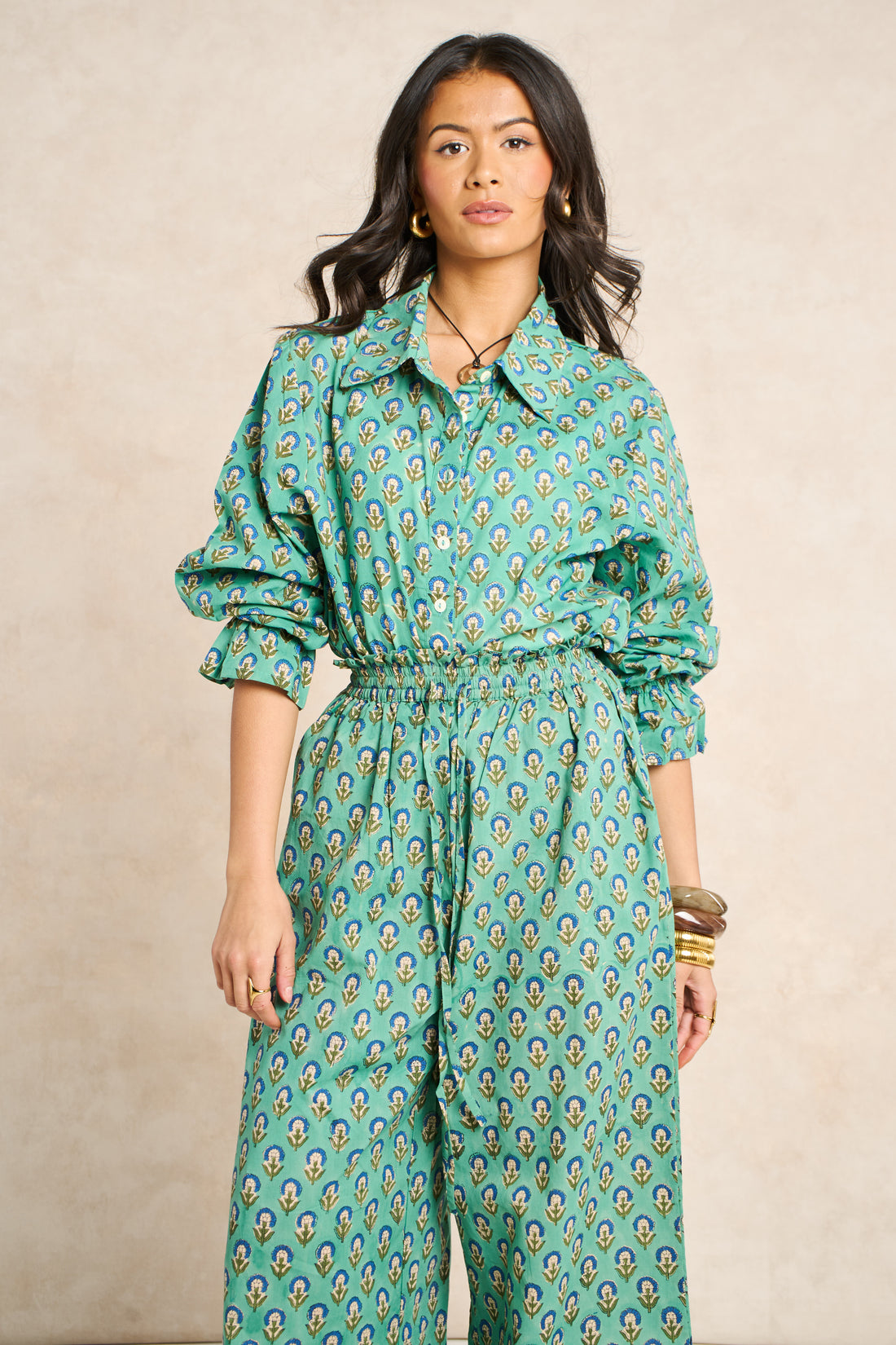 Sage Green & Navy Block Print Matching Set