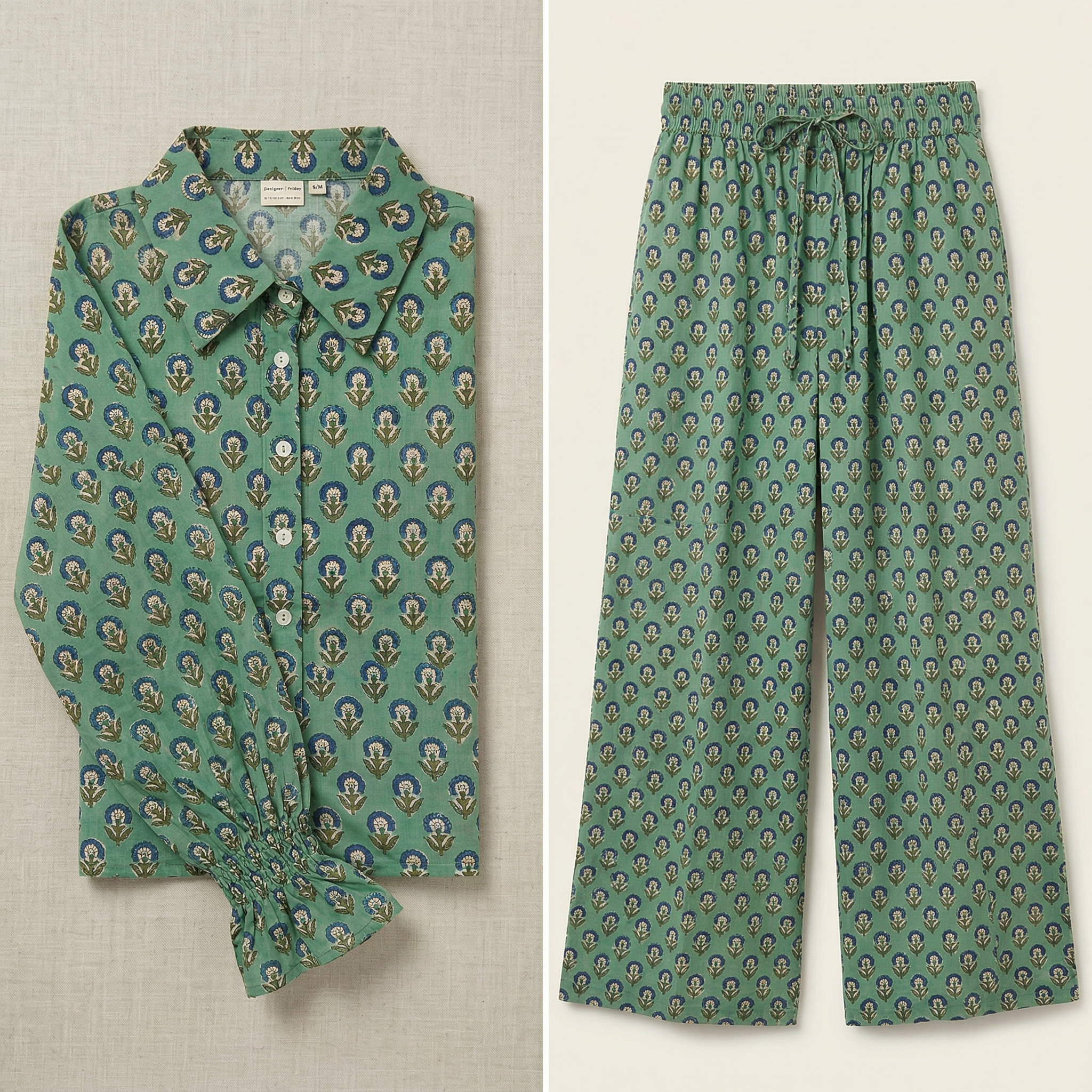 Sage Green & Navy Block Print Matching Set