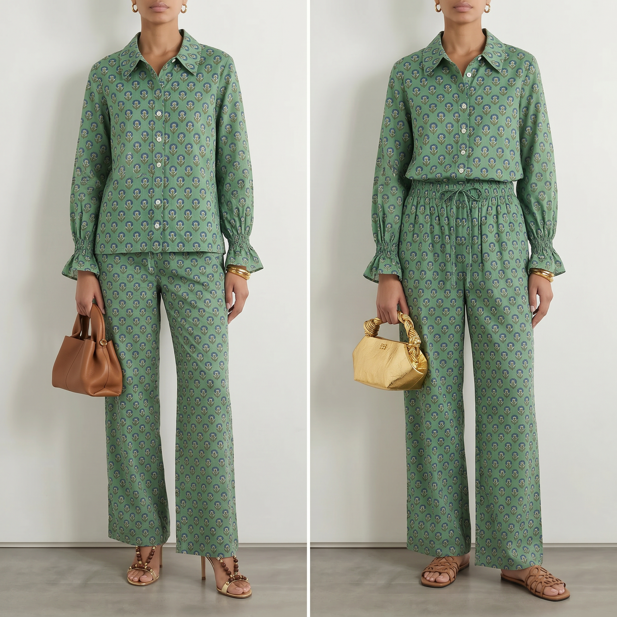 Sage Green & Navy Block Print Matching Set