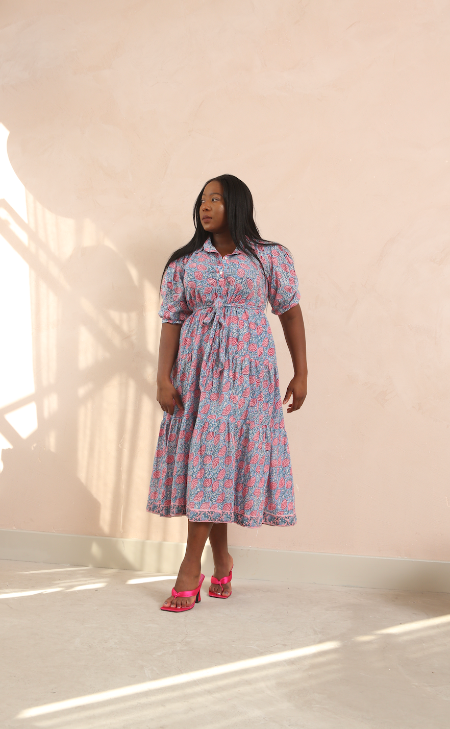 Printed Cotton Half Sleeve Collar Maxi Dress