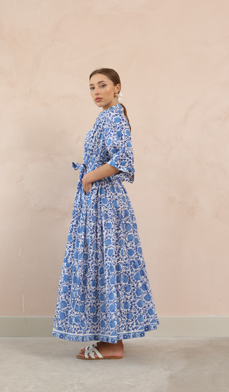 Printed Cotton Sleeve Shirt Collar Maxi Dress