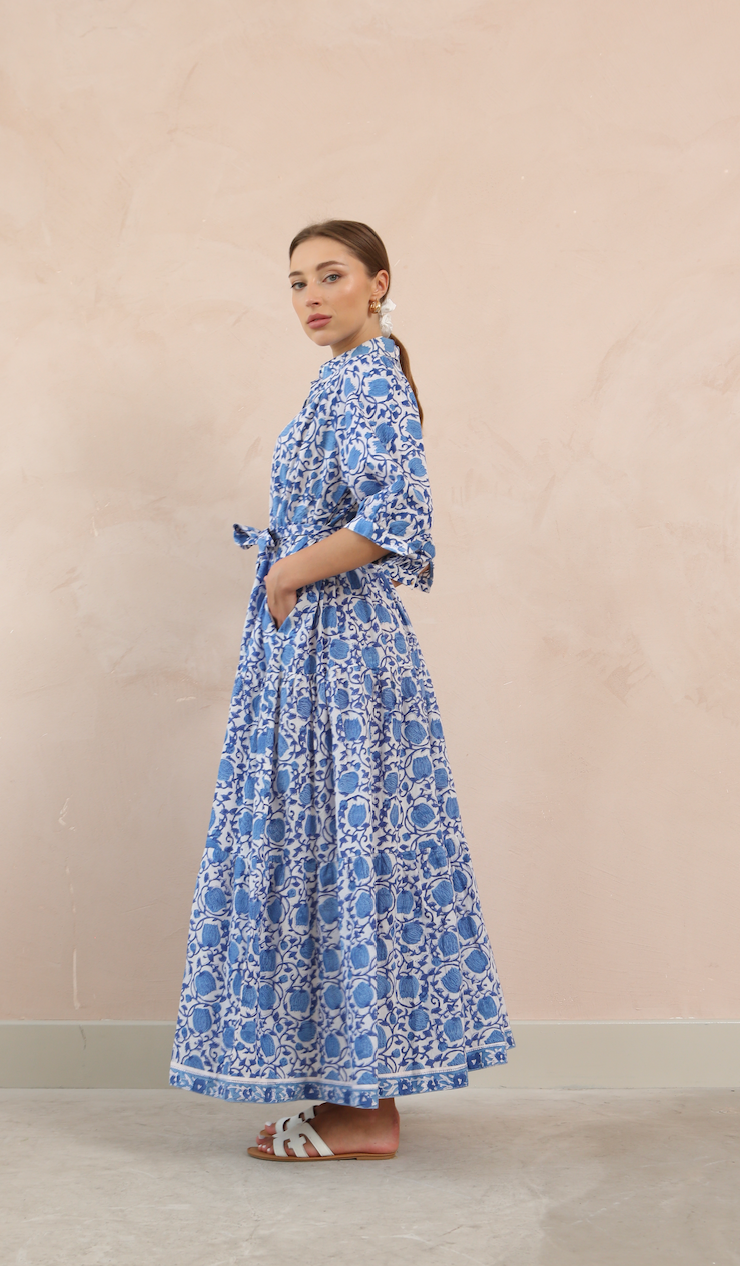 Printed Cotton Half Sleeve Collar Maxi Dress