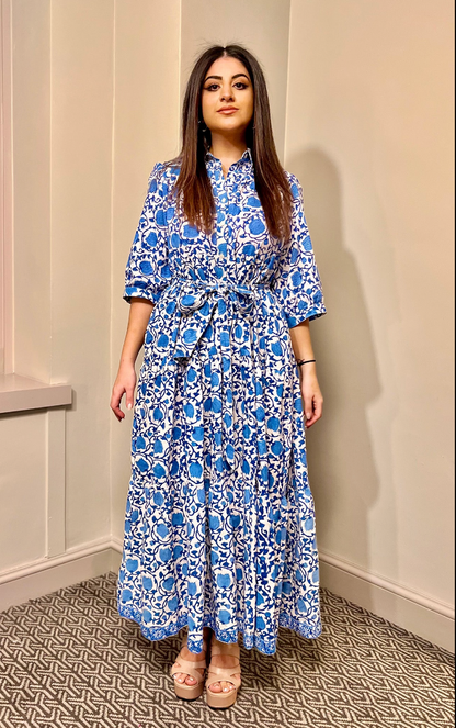 Printed Cotton Sleeve Shirt Collar Maxi Dress