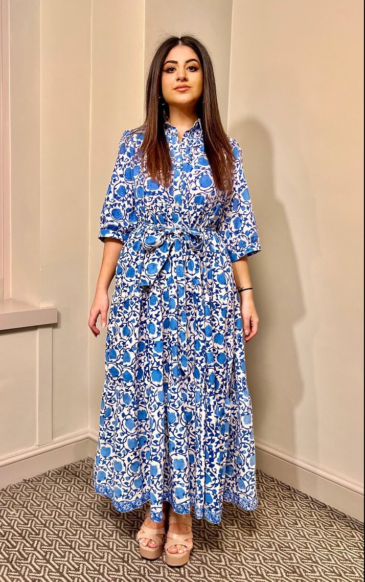 Printed Cotton Half Sleeve Collar Maxi Dress