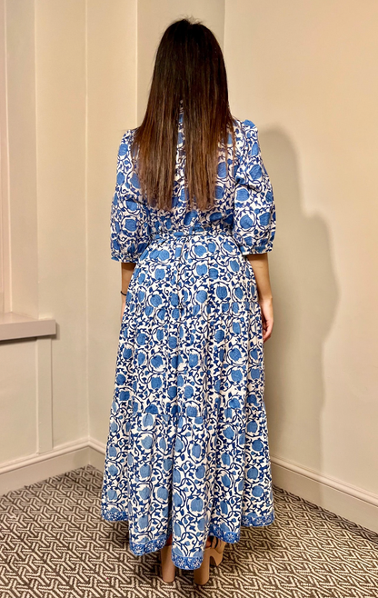 Printed Cotton Sleeve Shirt Collar Maxi Dress