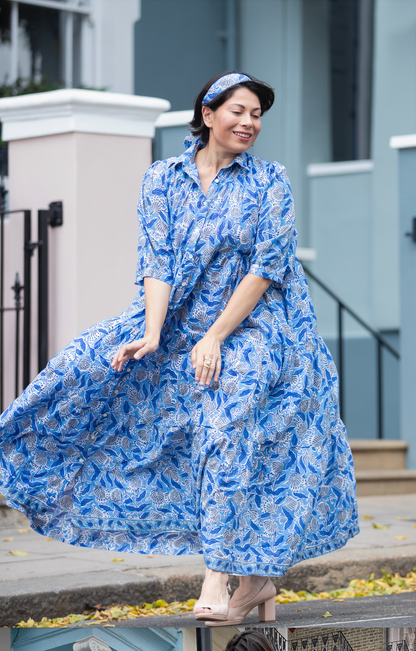 Printed Cotton Sleeve Shirt Collar Maxi Dress