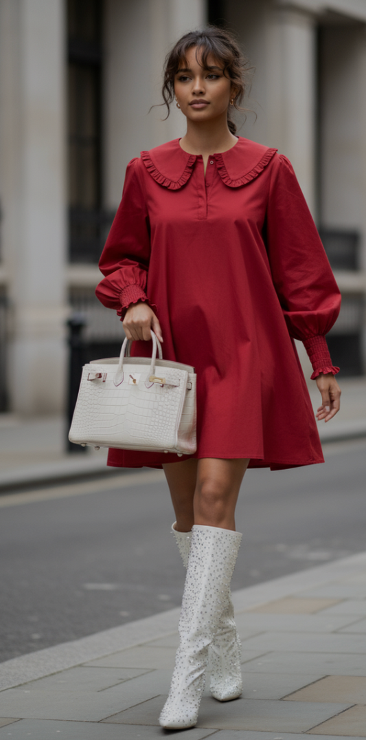 Ruffle Collared Cotton Poplin Dress