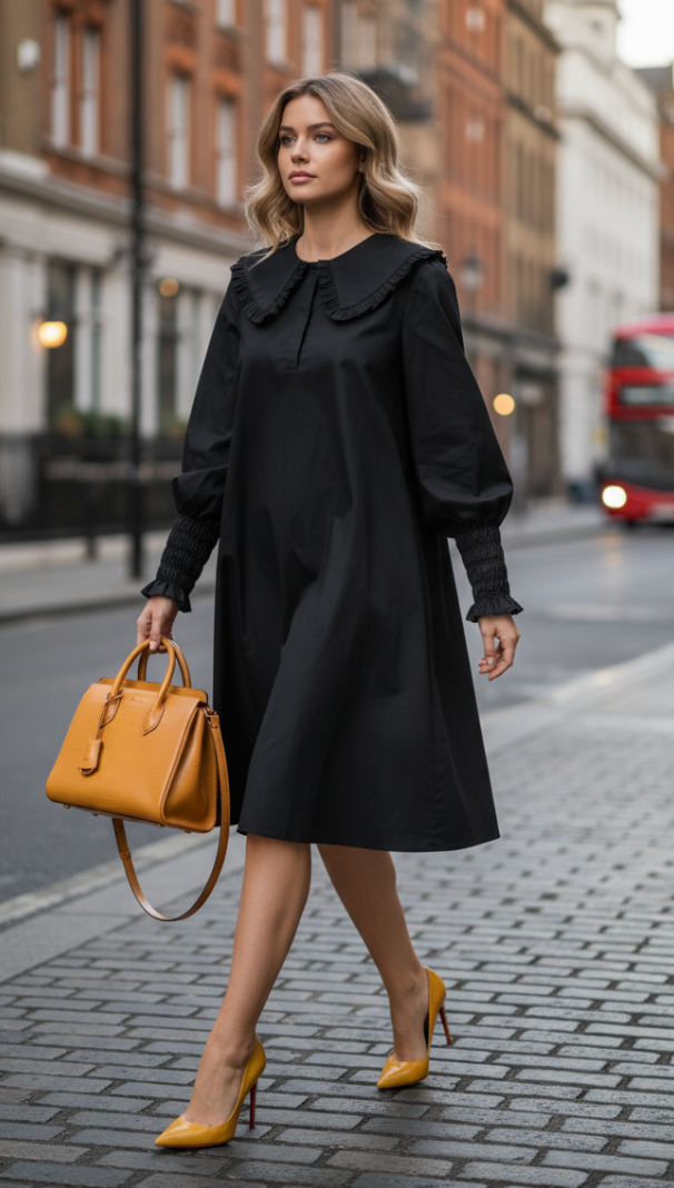 Ruffle Collared Cotton Poplin Dress