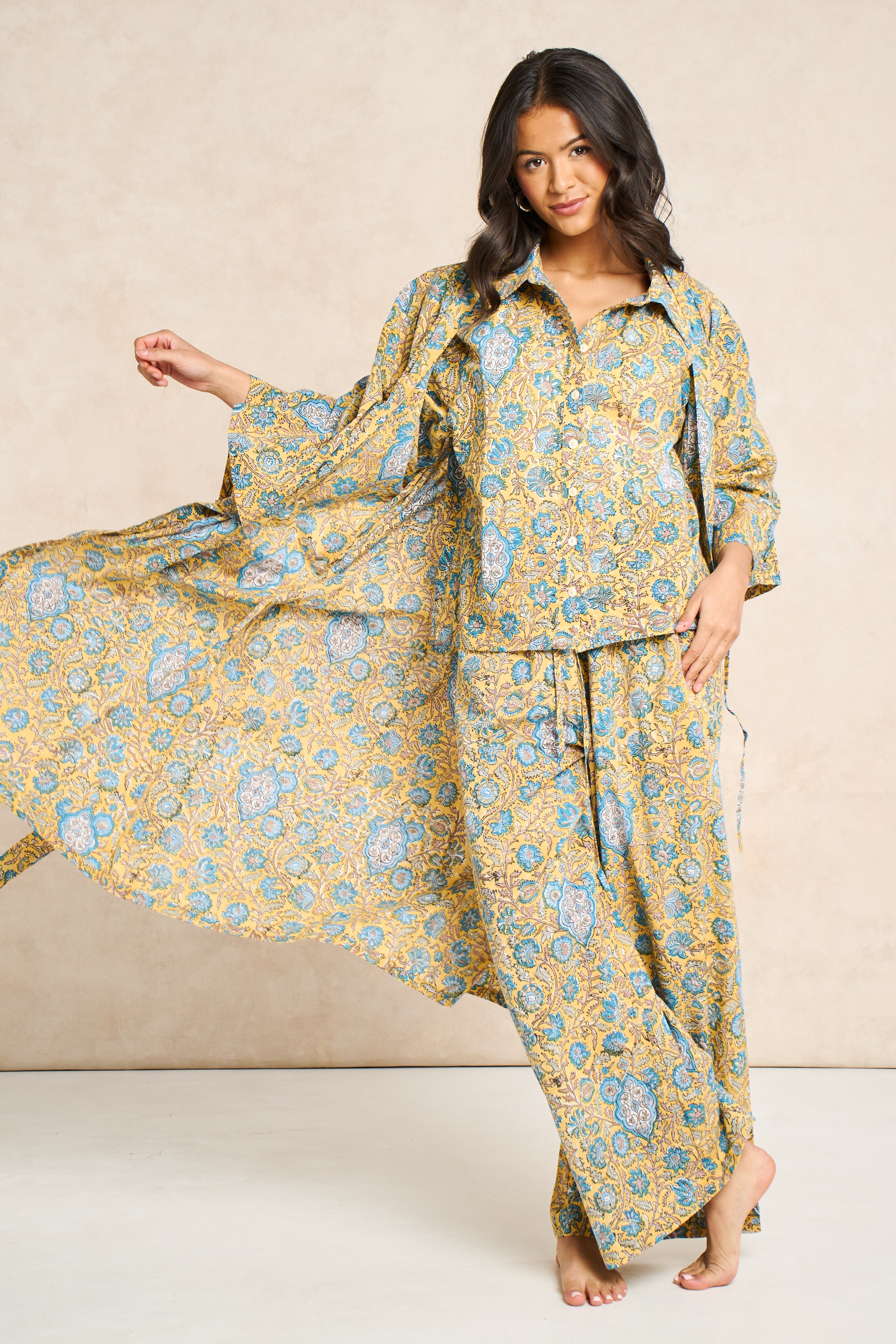 Saffron Block Print Cotton Bathrobe