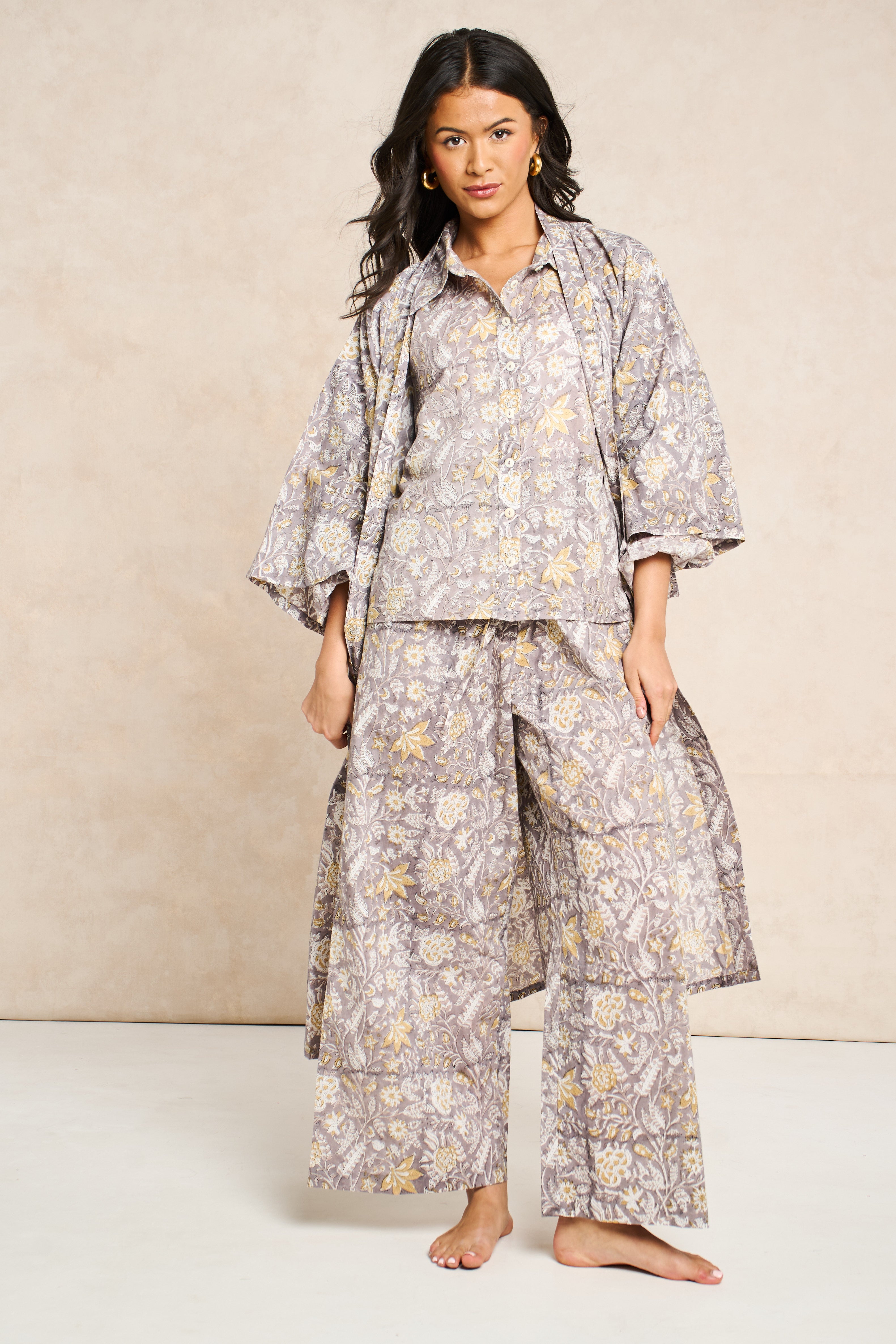 Pearl Block Print Cotton Bathrobe