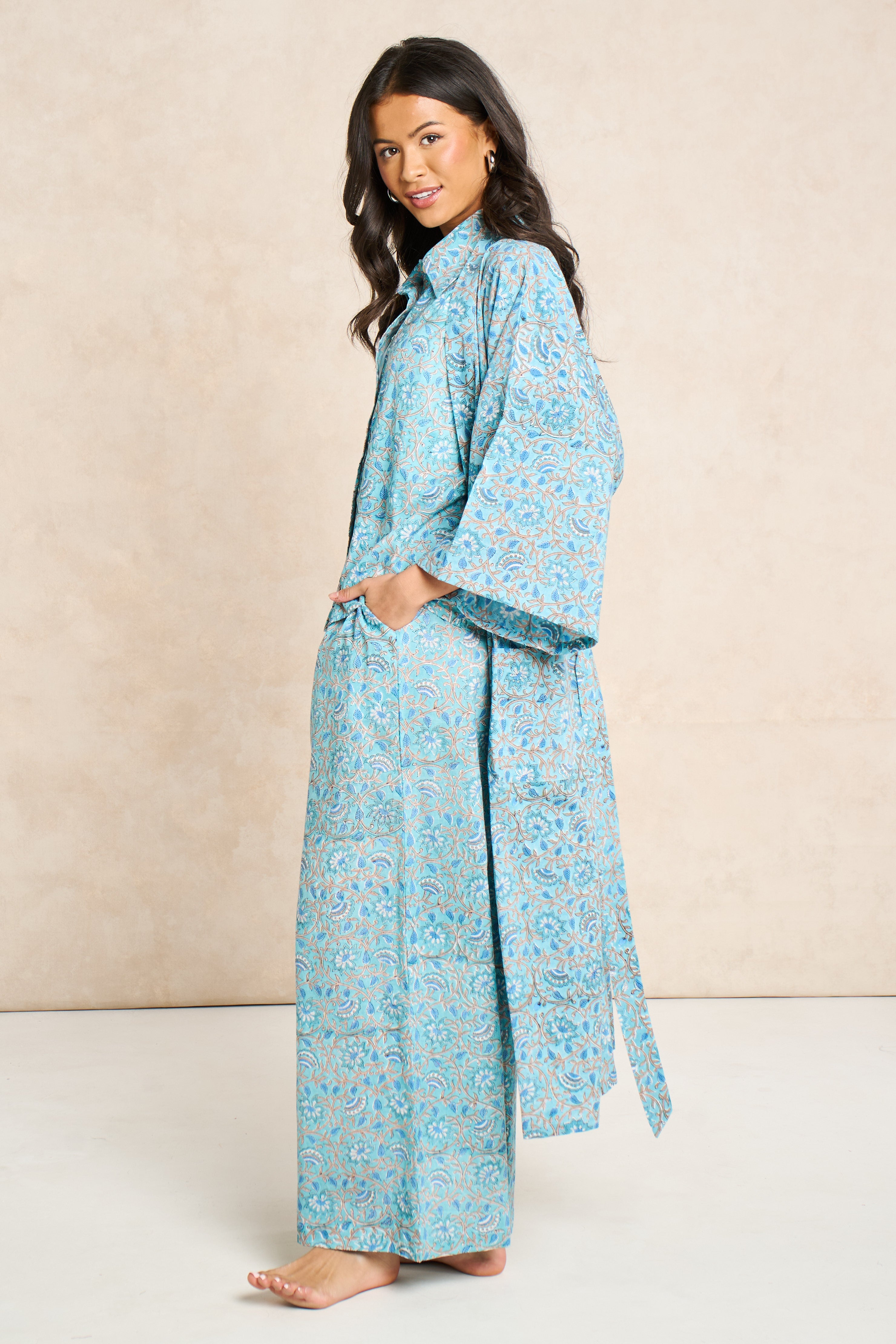 Iris Block Print Cotton Bathrobe
