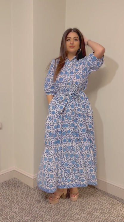 Printed Cotton Sleeve Shirt Collar Maxi Dress