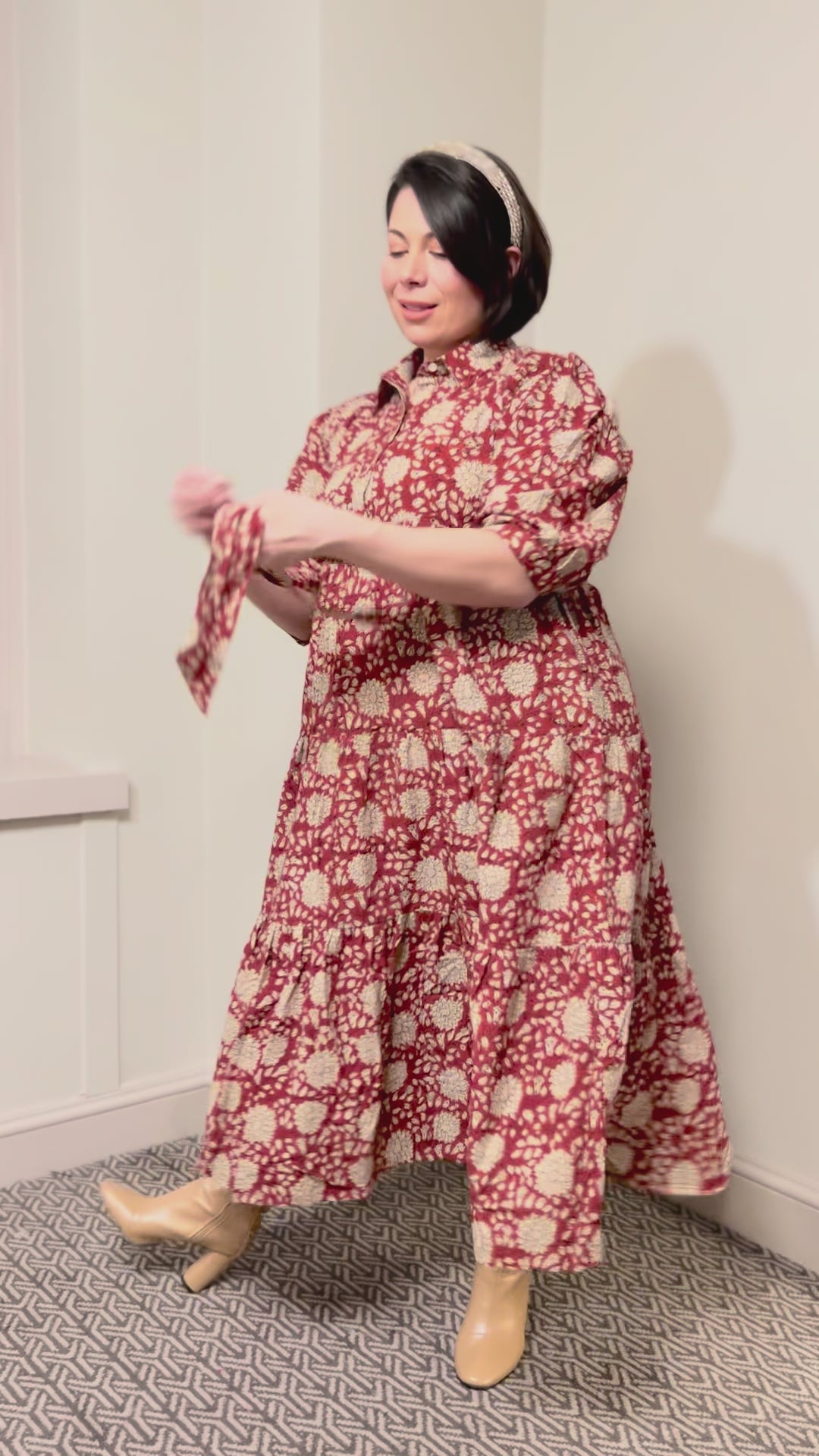 Mae Block Print Cotton Midi Dress With Sleeves