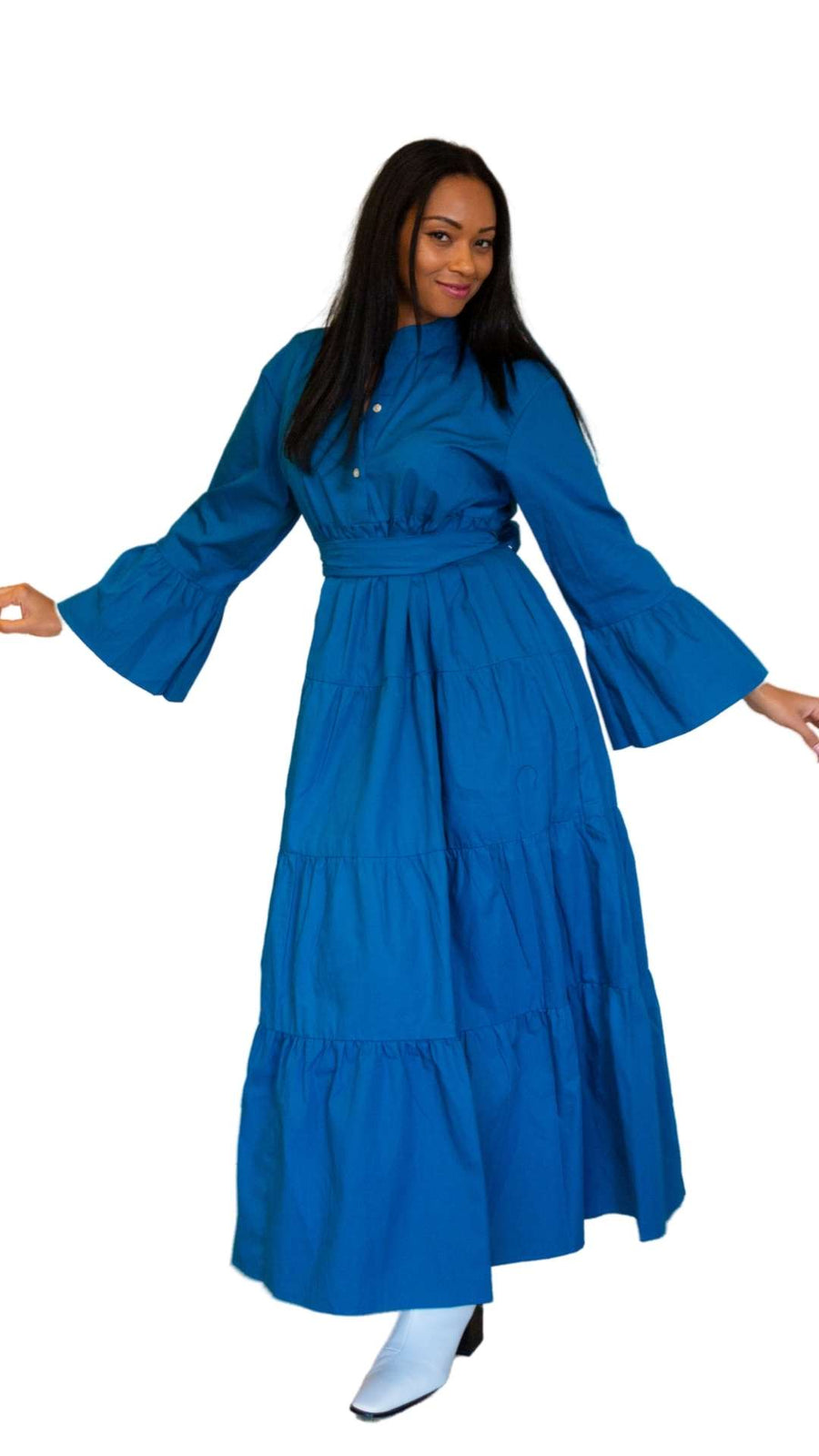 Azure Cotton Maxi Dress With Bell Sleeves