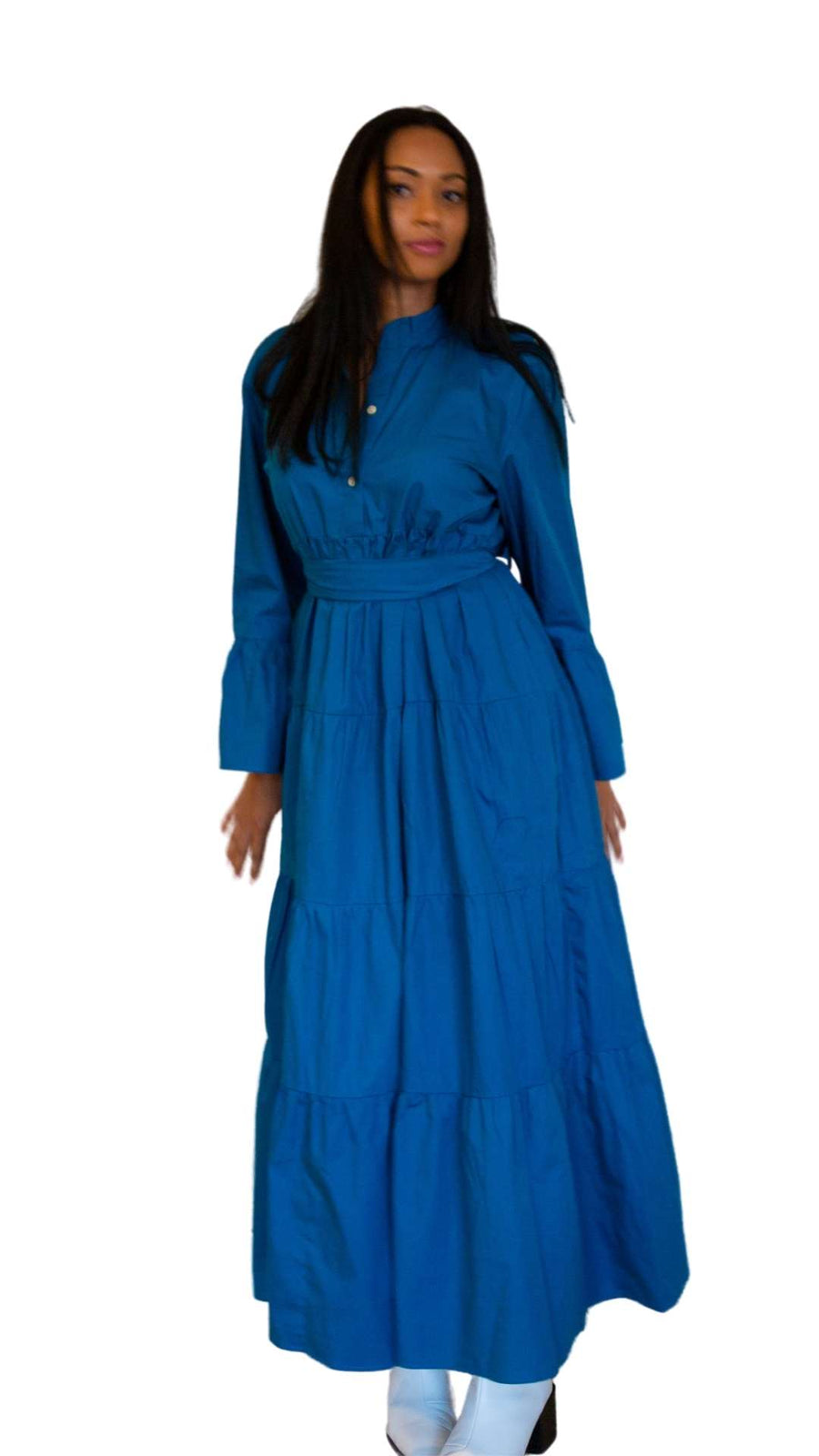 Azure Cotton Maxi Dress With Bell Sleeves