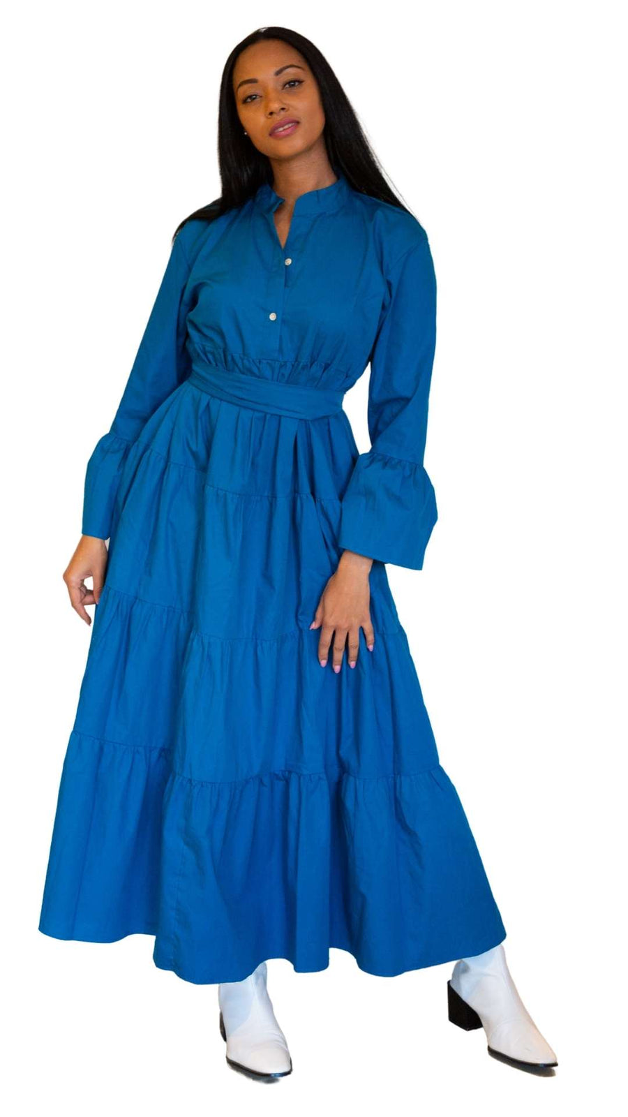 Azure Cotton Maxi Dress With Bell Sleeves